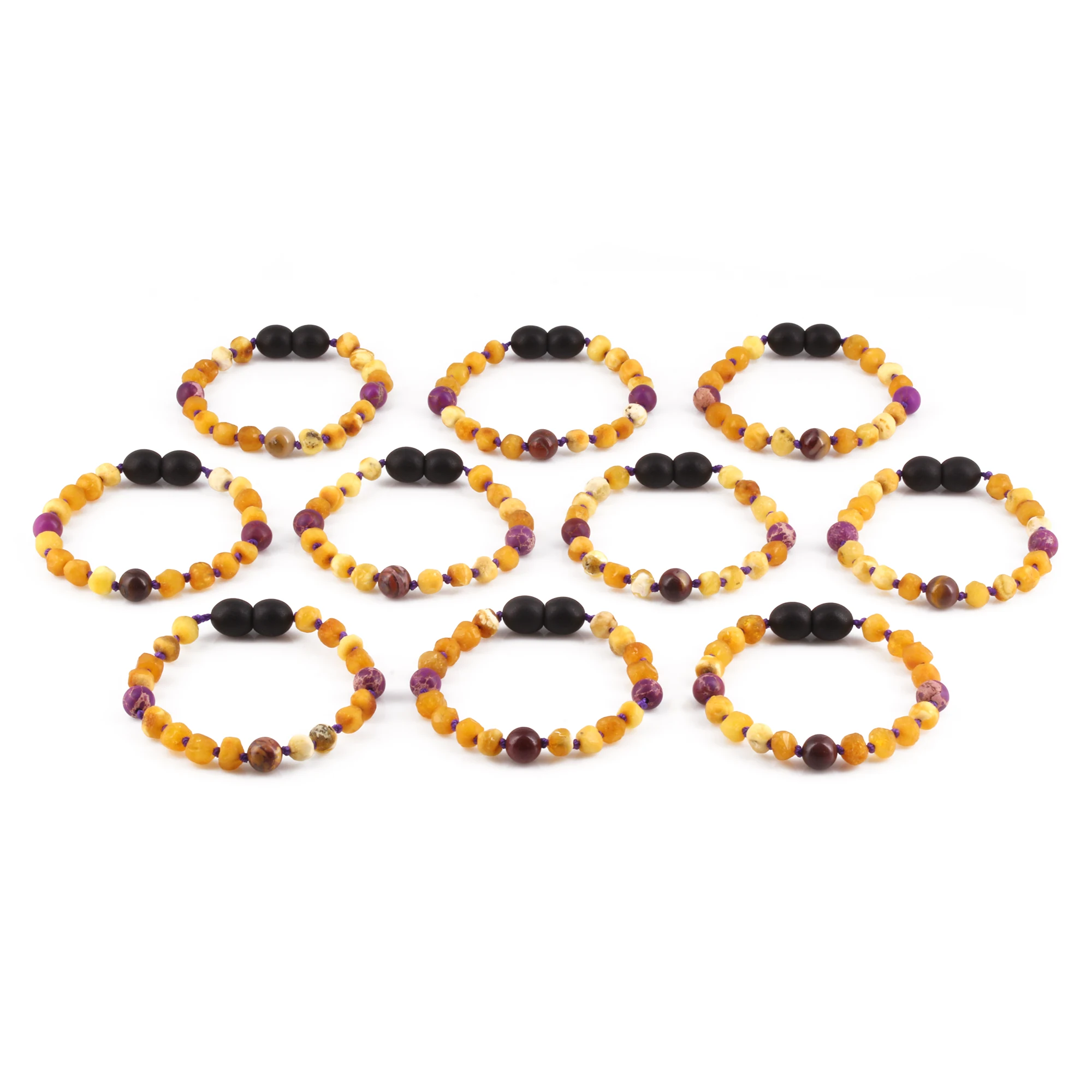 Baltic Amber, Purple Jasper & Mookaite Baby Teething Bracelet Baroque Milky Yellow Raw Finish - Wholesale Lot of 10pcs - 14cm / 5.5in - AGL33