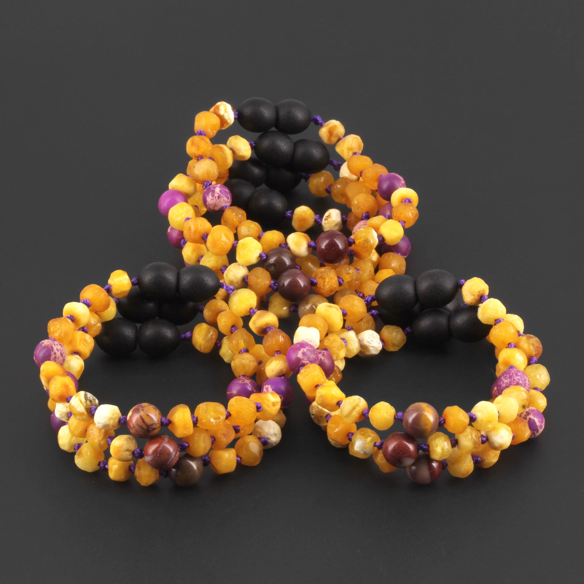 Baltic Amber, Purple Jasper & Mookaite Baby Teething Bracelet Baroque Milky Yellow Raw Finish - Wholesale Lot of 10pcs - 14cm / 5.5in - AGL33