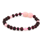 Baltic Amber & Rose Quartz Baby Teething Bracelet Baroque Black Matte Finish - Wholesale Lot of 10pcs - 14cm / 5.5in - LE549-S