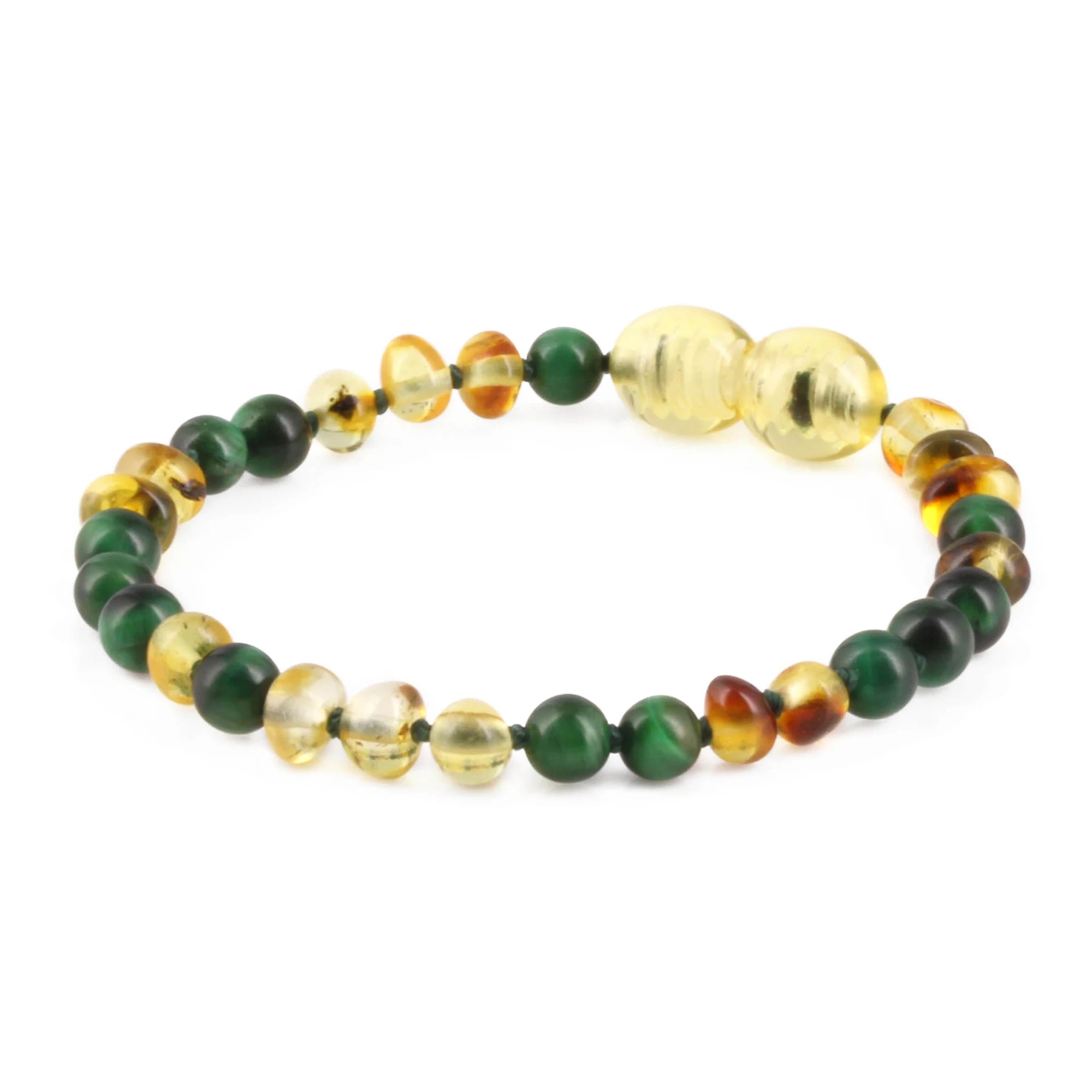 Baltic Amber & Green Tiger Baby Teething Bracelet Baroque Multicolor Glossy Finish - Wholesale Lot of 10pcs - 14cm / 5.5in - LE457 V2