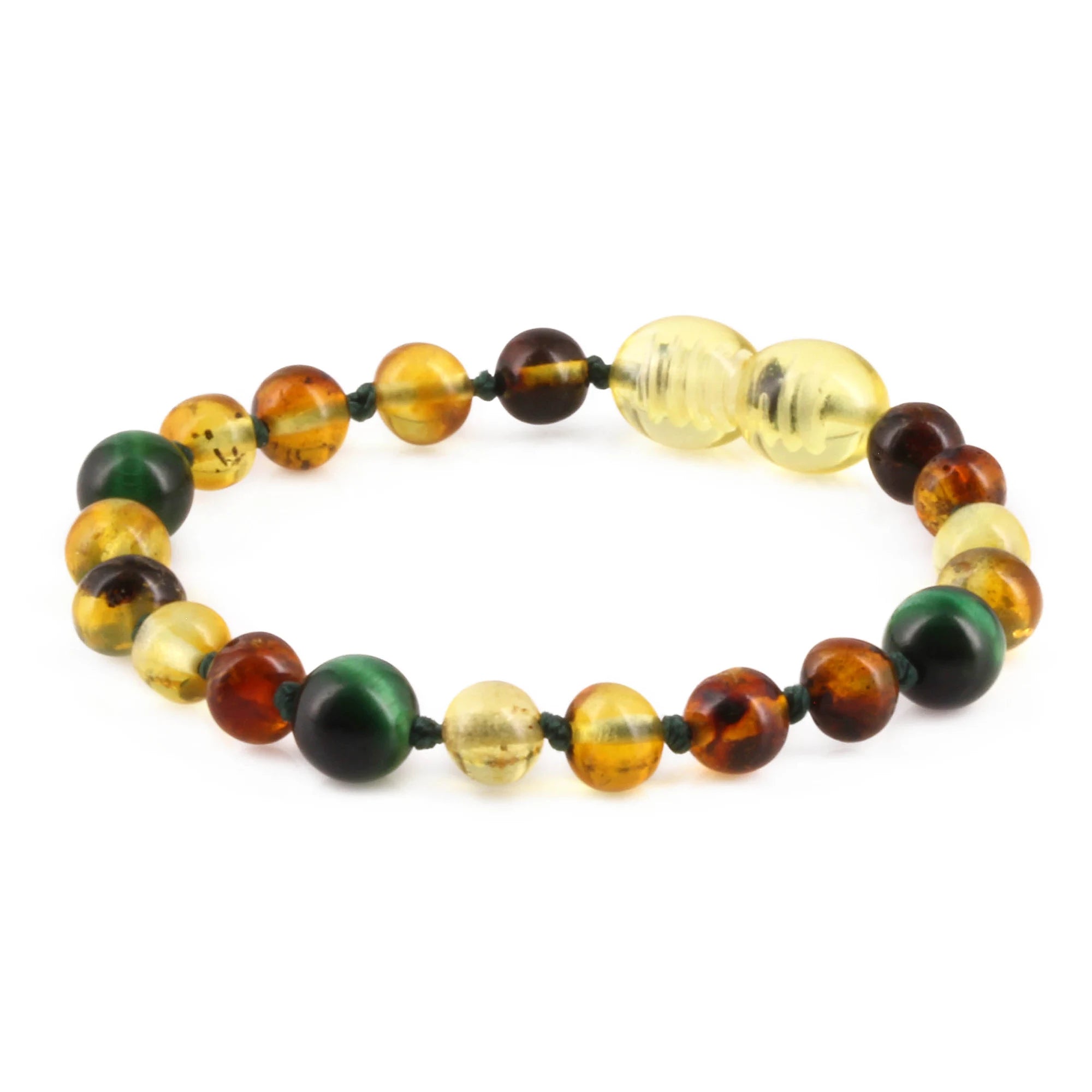 Baltic Amber & Green Tiger Baby Teething Bracelet Baroque Multicolor Glossy Finish - Wholesale Lot of 10pcs - 14cm / 5.5in - LE457