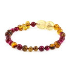 Baltic Amber & Magenta Tiger Baby Teething Bracelet Baroque Multicolor Glossy Finish - Wholesale Lot of 10pcs - 14cm / 5.5in - LE456 V2