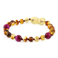 Baltic Amber & Magenta Tiger Baby Teething Bracelet Baroque Multicolor Glossy Finish - Wholesale Lot of 10pcs - 14cm / 5.5in - LE456