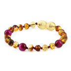 Baltic Amber & Magenta Tiger Baby Teething Bracelet Baroque Multicolor Glossy Finish - Wholesale Lot of 10pcs - 14cm / 5.5in - LE456