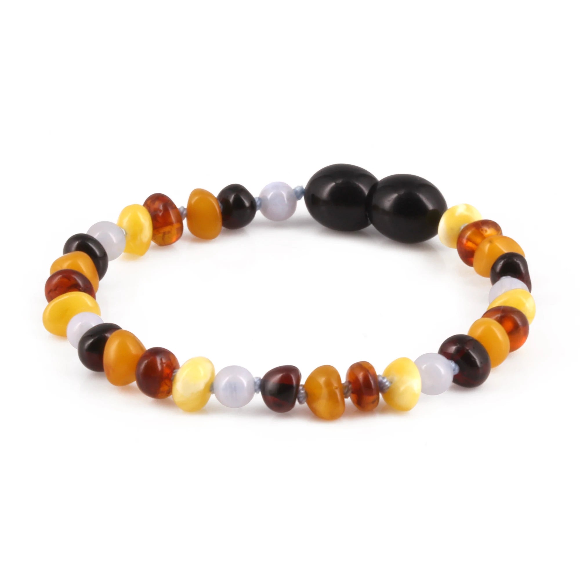 Baltic Amber & Blue Chalcedony Baby Teething Bracelet Baroque Multicolor Glossy Finish - Wholesale Lot of 10pcs - 14cm / 5.5in - AG61