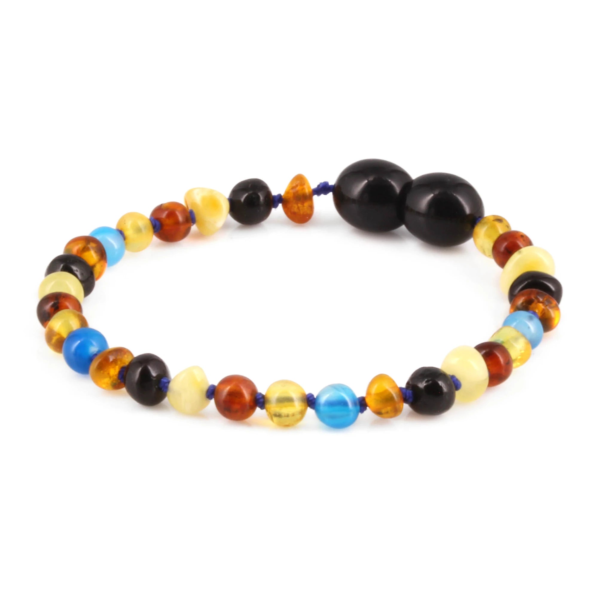 Baltic Amber & Blue Agate Baby Teething Bracelet Baroque Multicolor Glossy Finish - Wholesale Lot of 10pcs - 14cm / 5.5in - LE464 V2