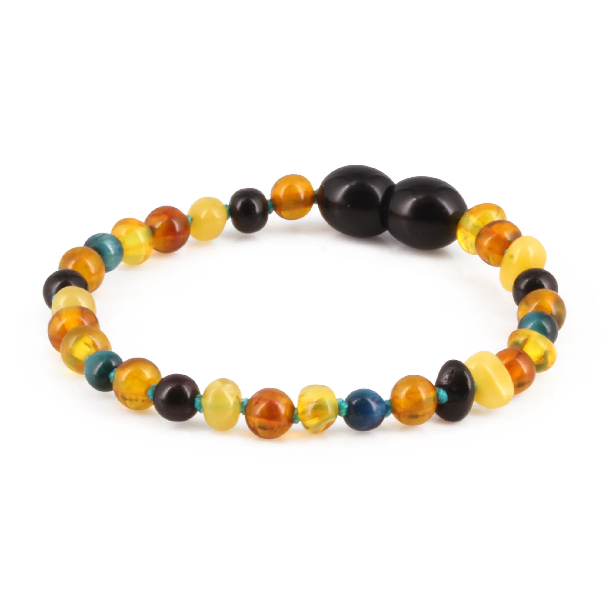 Baltic Amber & Blue Tiger Baby Teething Bracelet Baroque Multicolor Glossy Finish - Wholesale Lot of 10pcs - 14cm / 5.5in - LE463 V2-S