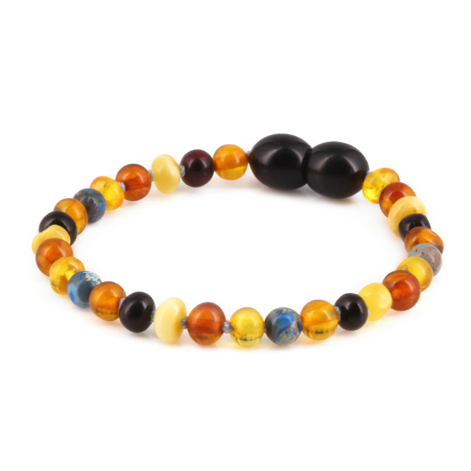 Baltic Amber & Blue Jasper Baby Teething Bracelet Baroque Multicolor Glossy Finish - Wholesale Lot of 10pcs - 14cm / 5.5in - LE555-S