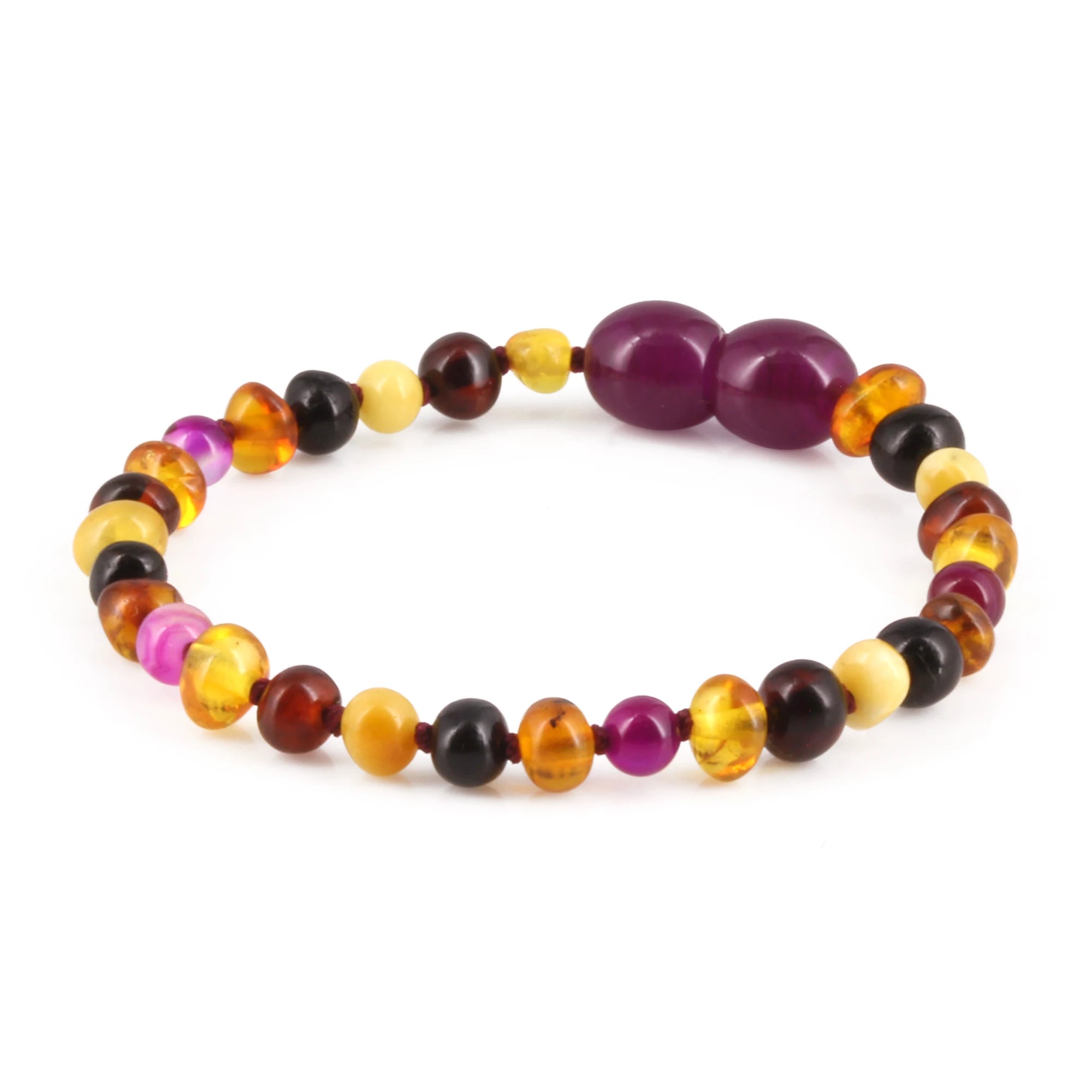 Baltic Amber & Pink Agate Baby Teething Bracelet Baroque Multicolor Glossy Finish - Wholesale Lot of 10pcs - 14cm / 5.5in - LE458-S