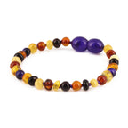 Baltic Amber & Purple Tiger Eye Baby Teething Bracelet Baroque Multicolor Glossy Finish - Wholesale Lot of 10pcs - 14cm / 5.5in - LE554-S