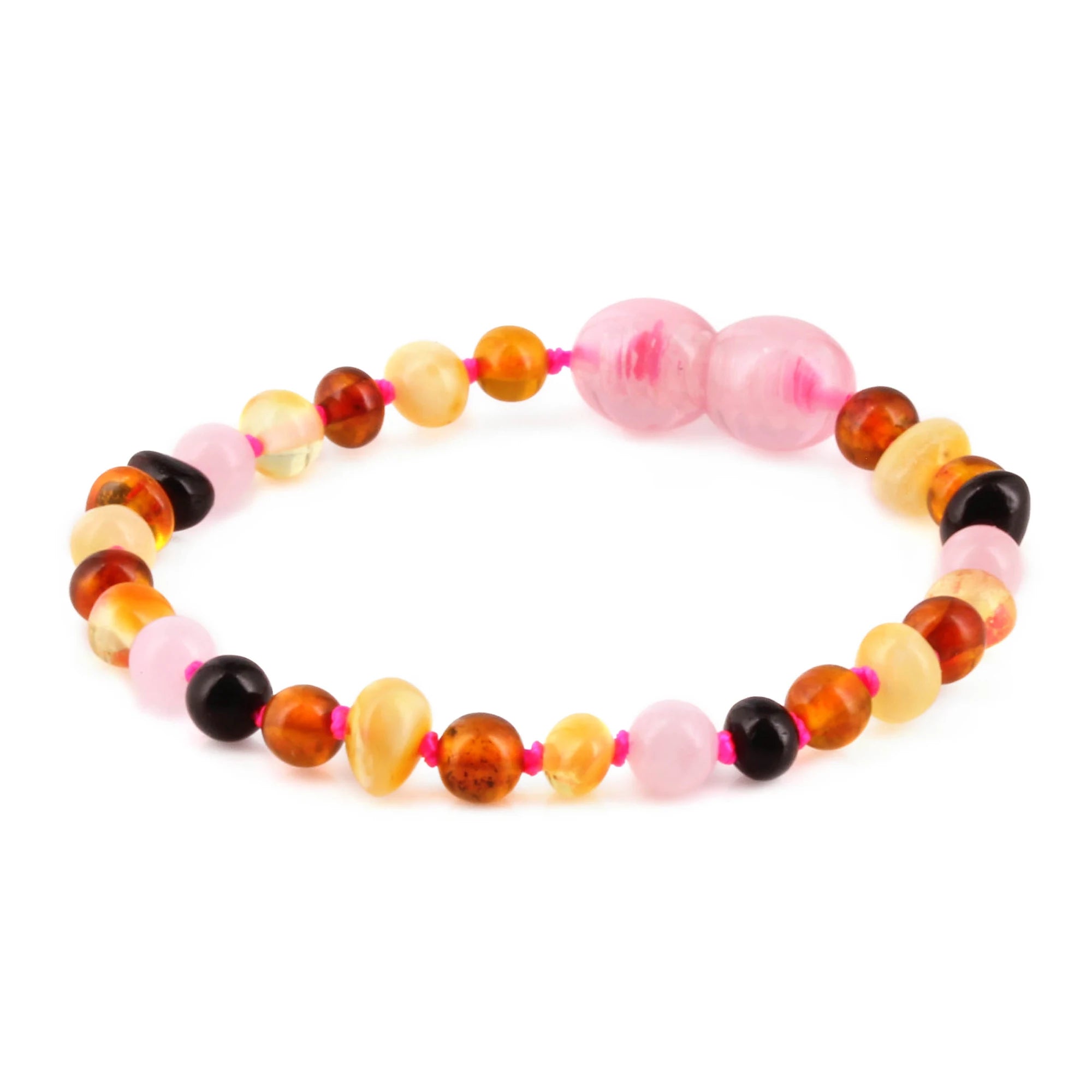 Baltic Amber & Rose Quartz Baby Teething Bracelet Baroque Multicolor Glossy Finish - Wholesale Lot of 10pcs - 14cm / 5.5in - LE459-S