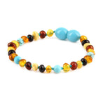 Baltic Amber & Turquoise Baby Teething Bracelet Baroque Multicolor Glossy Finish - Wholesale Lot of 10pcs - 14cm / 5.5in - LE465-S