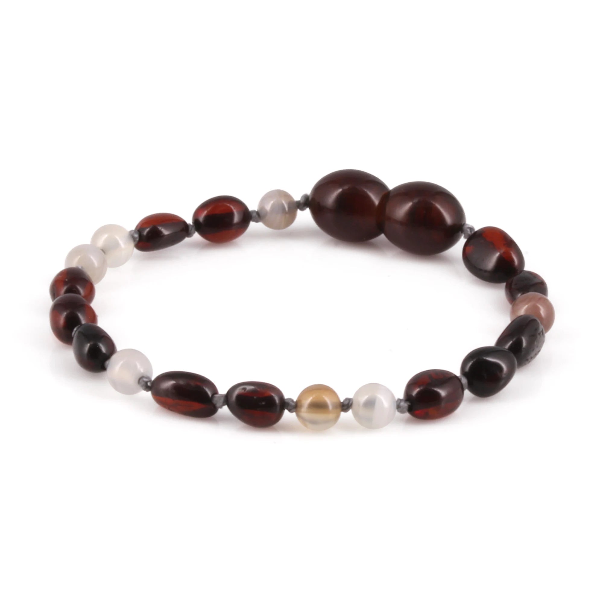 Baltic Amber & Botswana Baby Teething Bracelet Olive Dark Cognac Glossy Finish - Wholesale Lot of 10pcs - 14cm / 5.5in - AGL43
