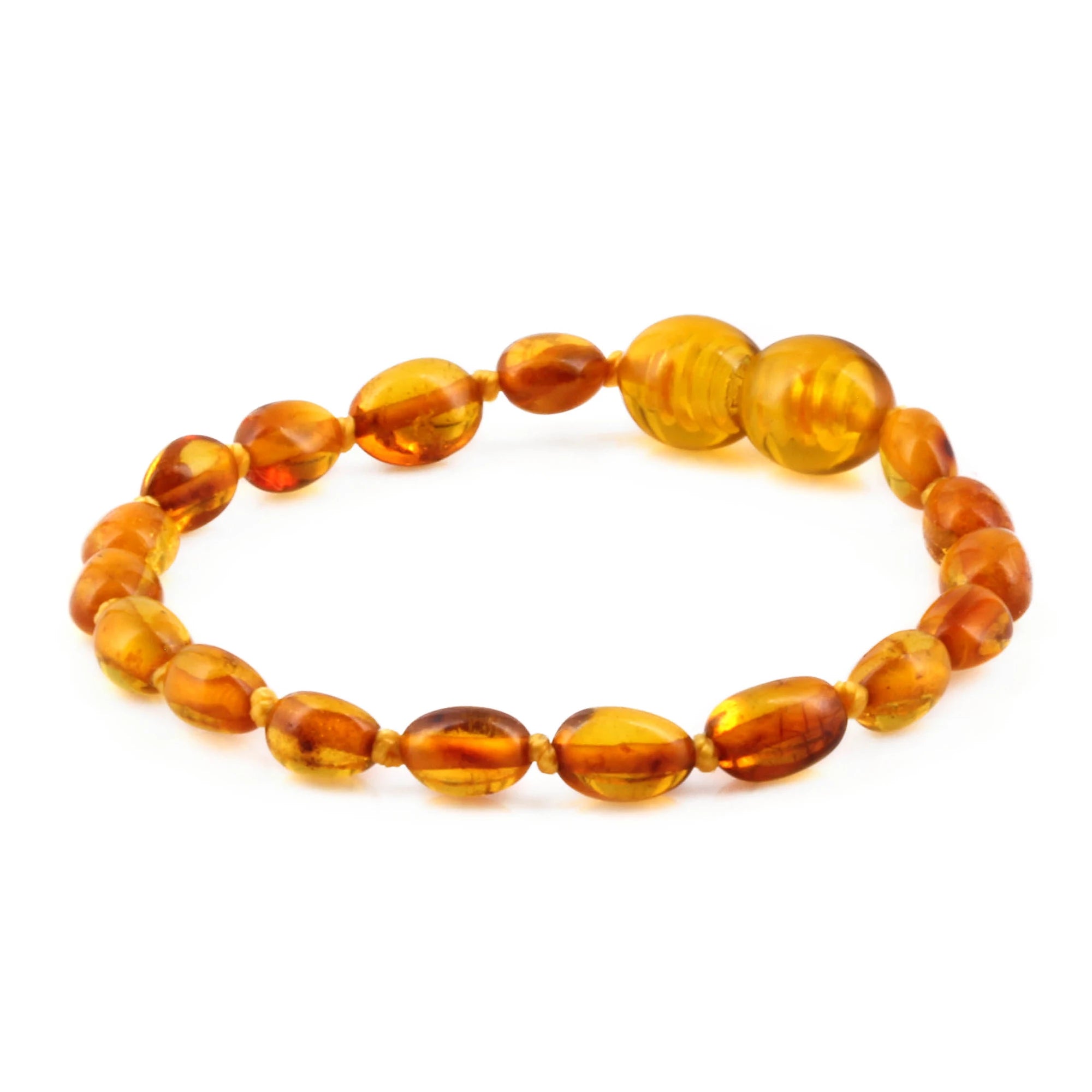Baltic Amber Baby Teething Bracelet Olive Light Cognac Glossy Finish - Wholesale Lot of 10pcs - 14cm / 5.5in - XO54LC