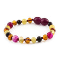 Baltic Amber & Pink Agate Baby Teething Bracelet Baroque Multicolor Glossy Finish - Wholesale Lot of 10pcs - 14cm / 5.5in - LE458