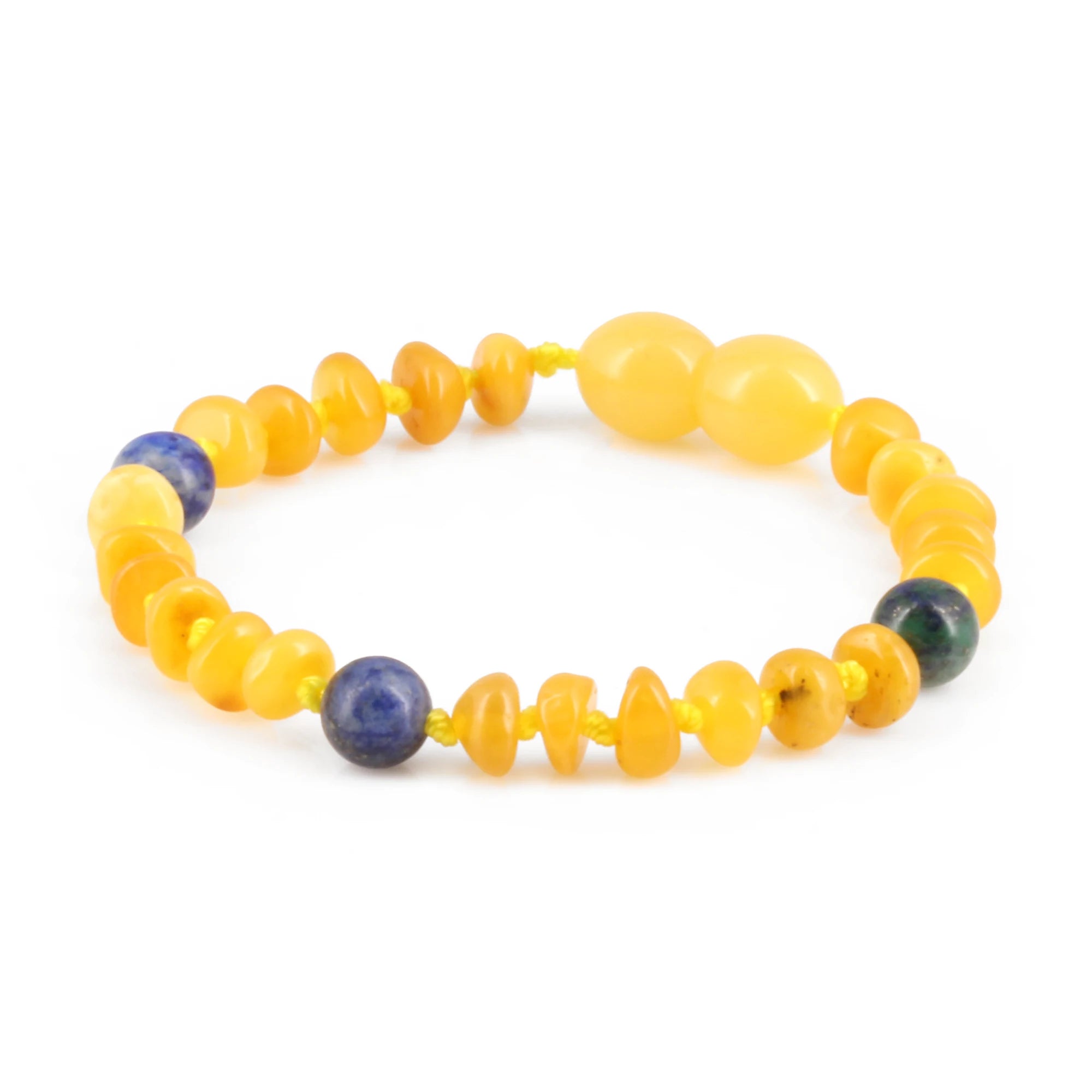 Baltic Amber, Azurite & Lapis Lazuli Baby Teething Bracelet Roundel Milky Yellow Glossy Finish - Wholesale Lot of 10pcs - 14cm / 5.5in - AGL44