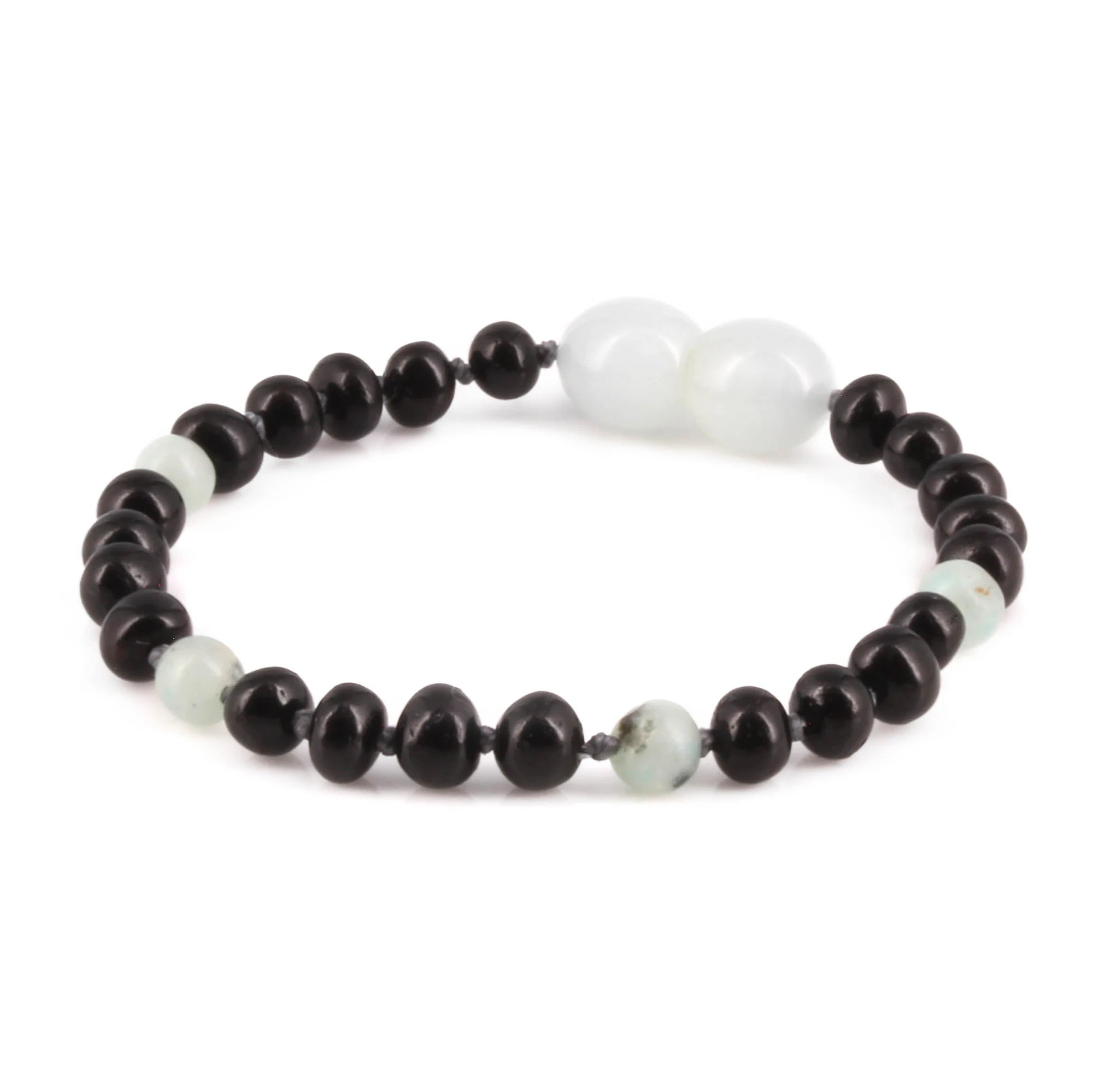 Baltic Amber & Kiwi Jasper Baby Teething Bracelet Baroque Black Glossy Finish - Wholesale Lot of 10pcs - 14cm / 5.5in - LE551-S