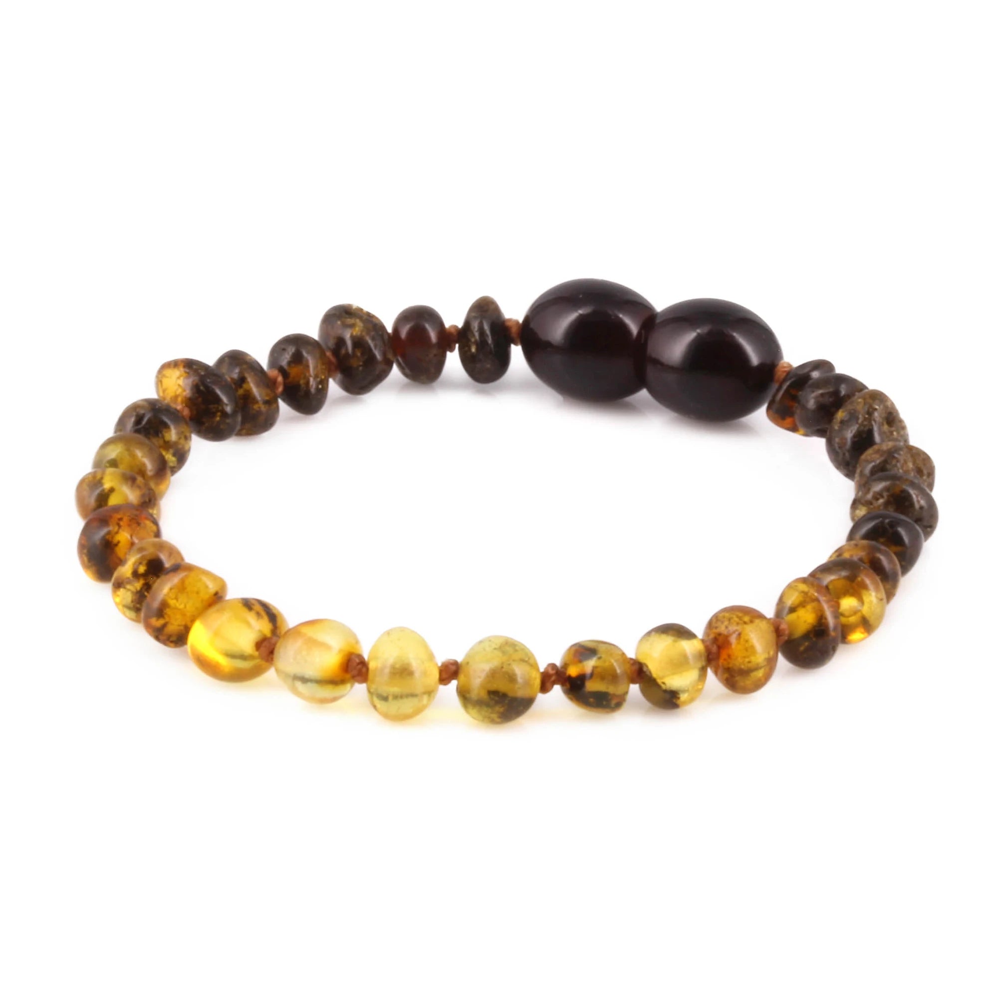 Baltic Amber Baby Teething Bracelet Baroque Rainbow Green Glossy Finish - Wholesale Lot of 10pcs - 14cm / 5.5in -  XB43RG2