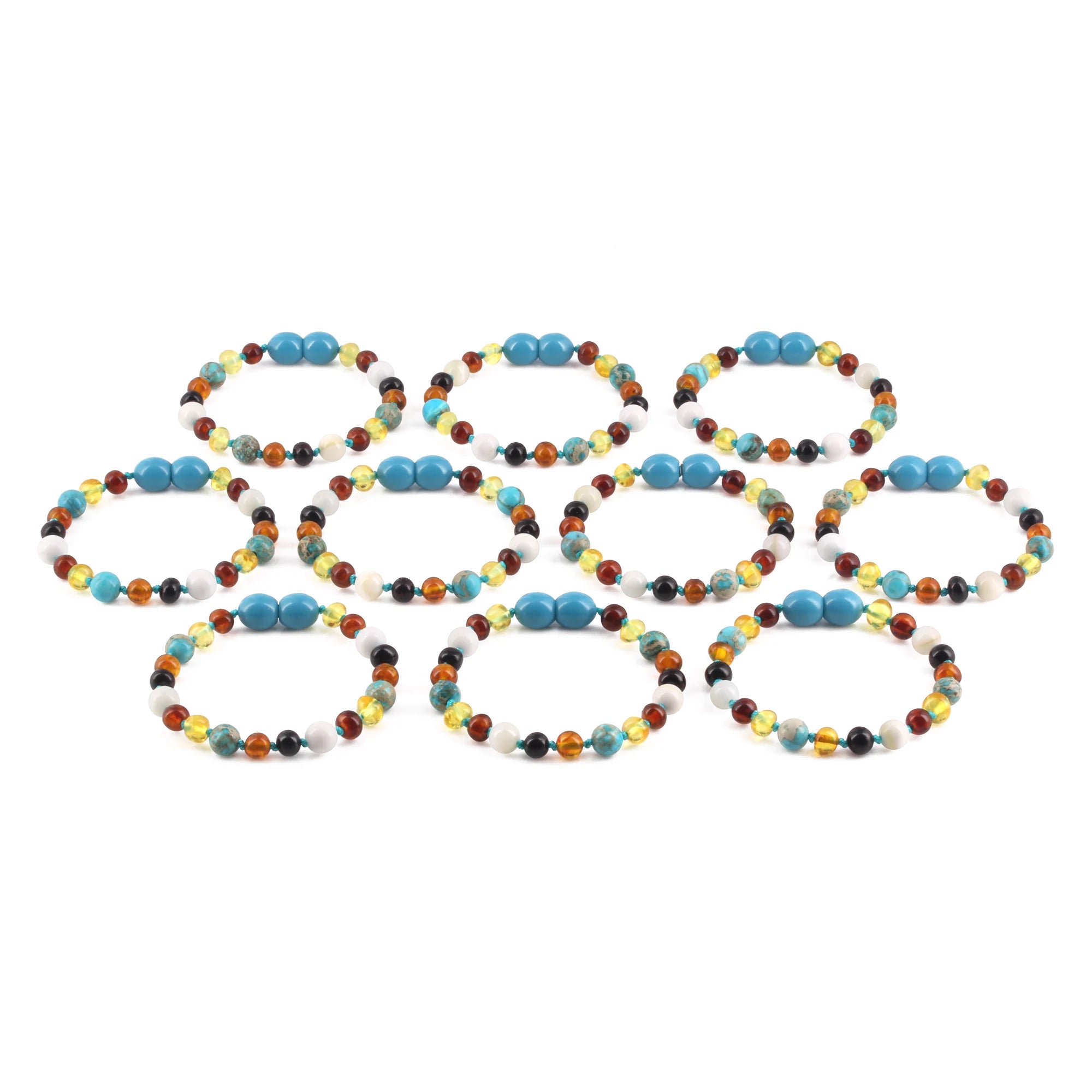 BALTIC AMBER BABY TEETHING BRACELETS WITH LAKE BLUE IMPERIAL JASPER & TRIDACNA SHELL LOT OF 10pcs. LE474-T