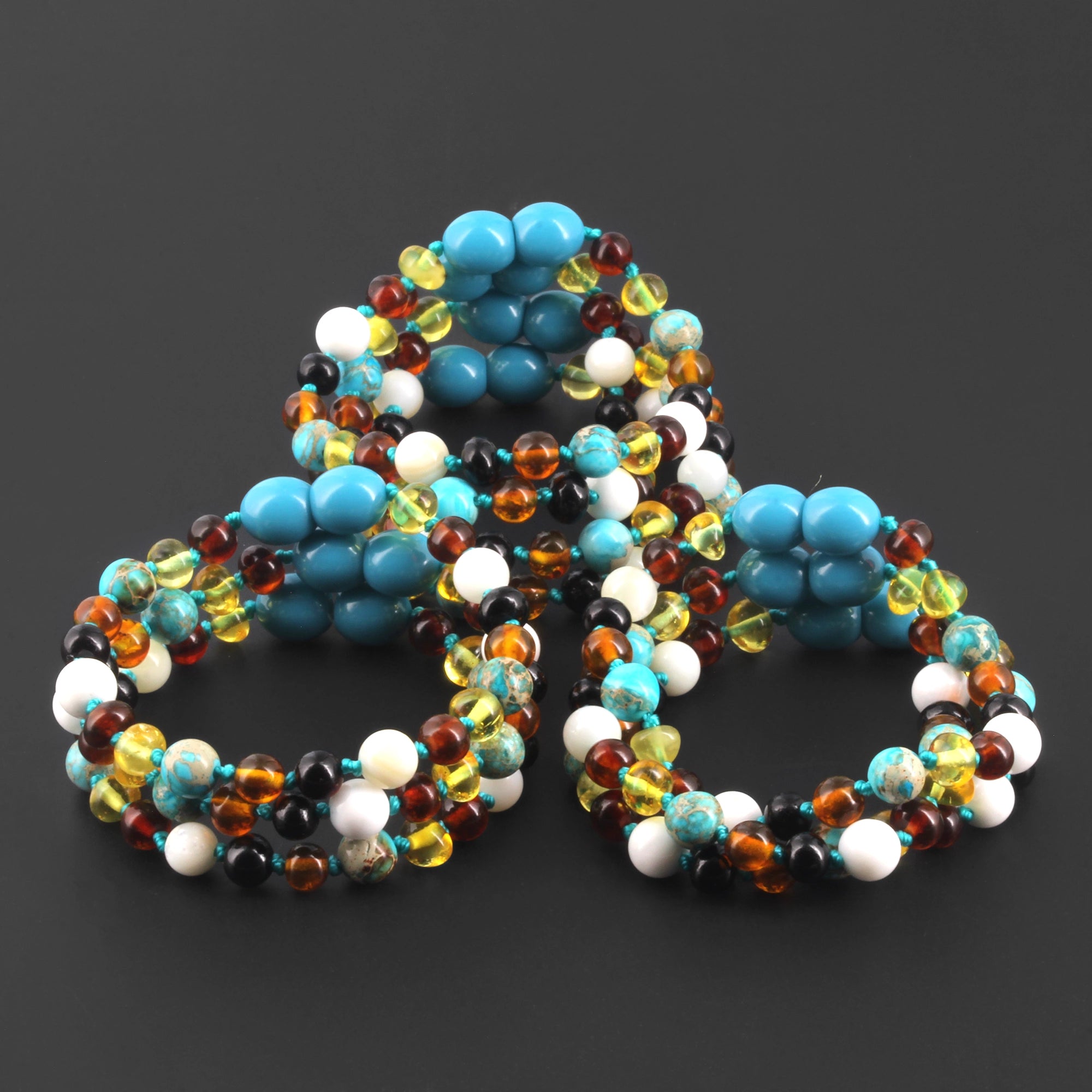 BALTIC AMBER BABY TEETHING BRACELETS WITH LAKE BLUE IMPERIAL JASPER & TRIDACNA SHELL LOT OF 10pcs. LE474-T