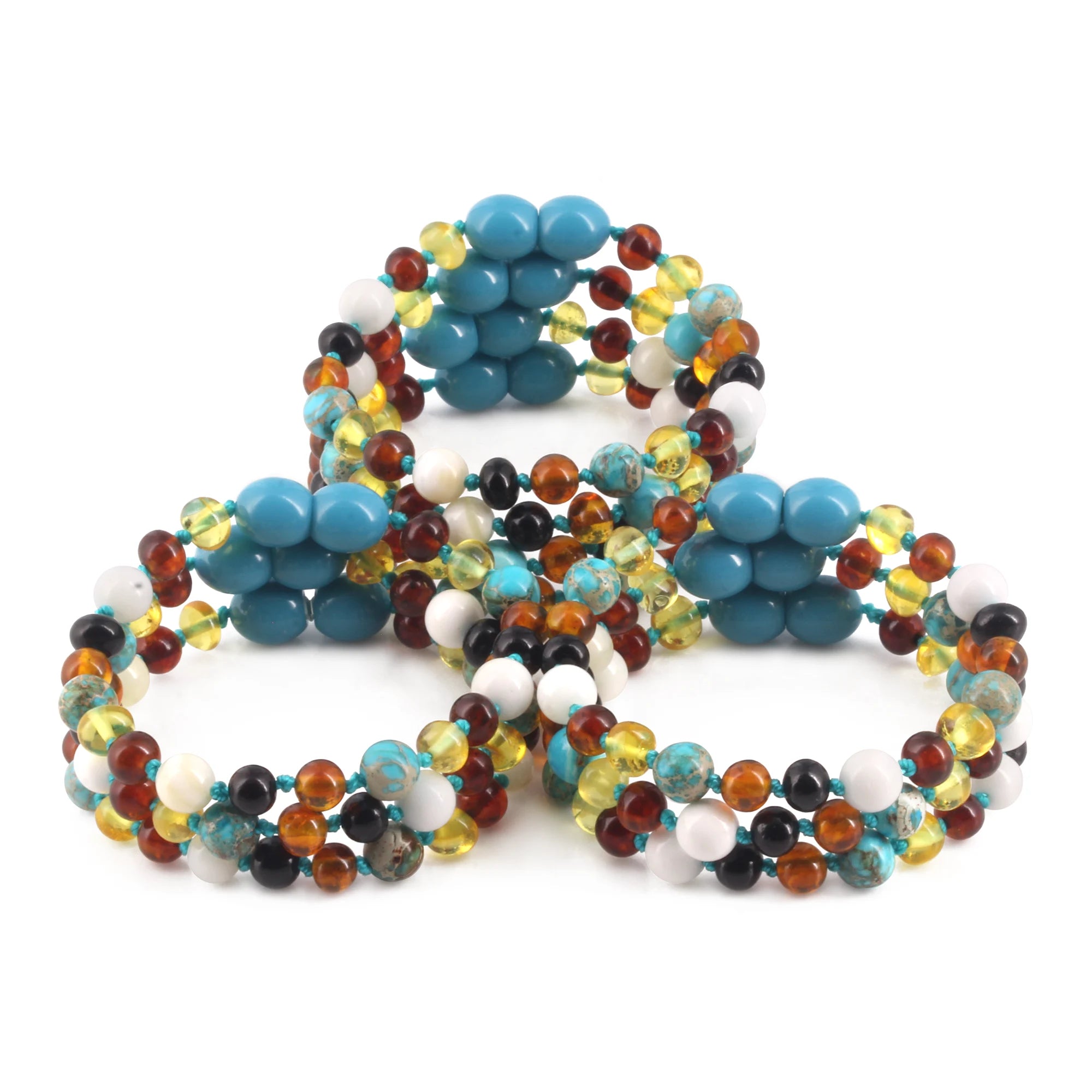 BALTIC AMBER BABY TEETHING BRACELETS WITH LAKE BLUE IMPERIAL JASPER & TRIDACNA SHELL LOT OF 10pcs. LE474-T