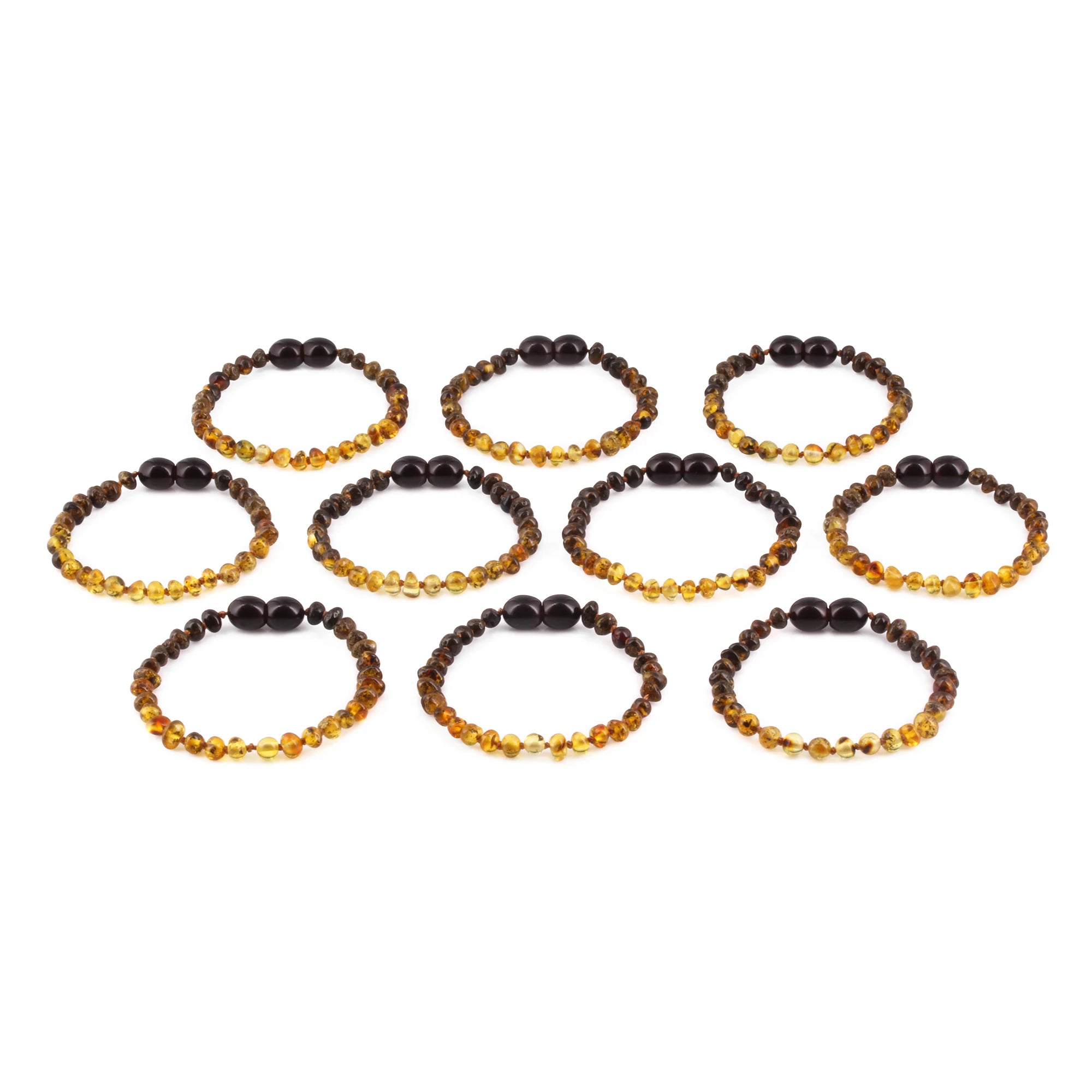 Baltic Amber Baby Teething Bracelet Baroque Rainbow Green Glossy Finish - Wholesale Lot of 10pcs - 14cm / 5.5in -  XB43RG2