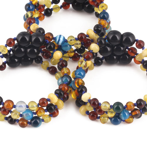 Baltic Amber & Blue Agate Baby Teething Bracelet Baroque Multicolor Glossy Finish - Wholesale Lot of 10pcs - 14cm / 5.5in - LE464 V3