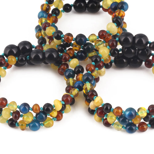 Baltic Amber & Blue Tiger Baby Teething Bracelet Baroque Multicolor Glossy Finish - Wholesale Lot of 10pcs - 14cm / 5.5in - LE463 V2