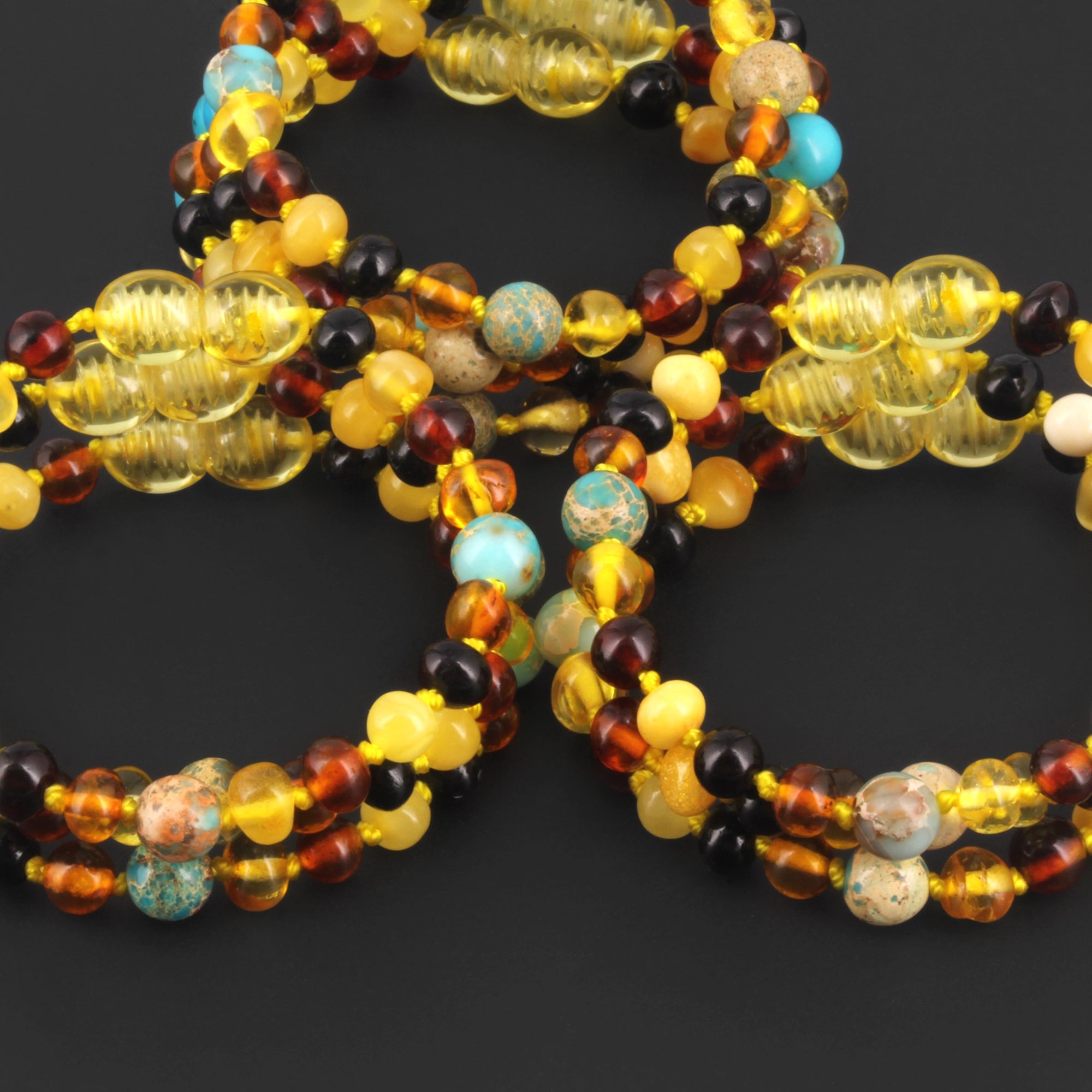 Baltic Amber & Blue Jasper Baby Teething Bracelet Baroque Multicolor Glossy Finish - Wholesale Lot of 10pcs - 14cm / 5.5in - LE474
