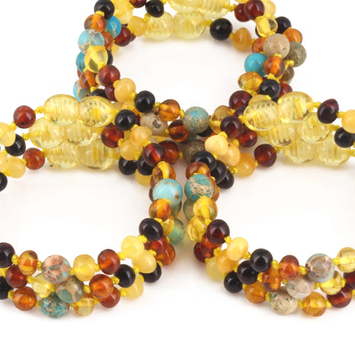 Baltic Amber & Blue Jasper Baby Teething Bracelet Baroque Multicolor Glossy Finish - Wholesale Lot of 10pcs - 14cm / 5.5in - LE474