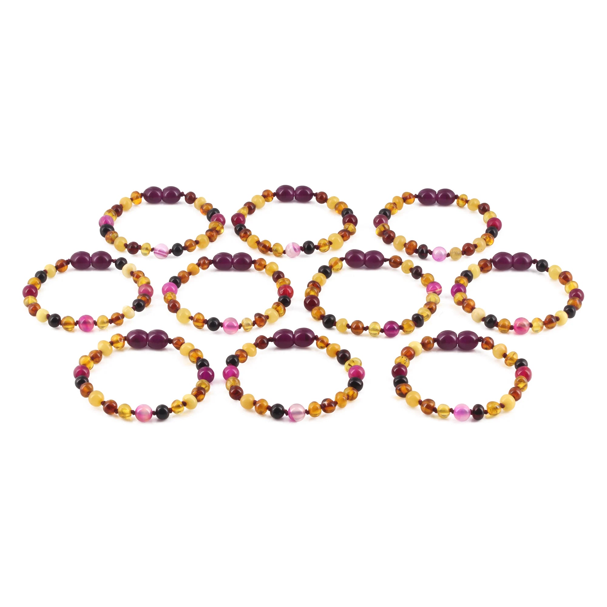 BALTIC AMBER BABY TEETHING BRACELETS WITH PINK LACE AGATE LOT OF 10pcs. LE458