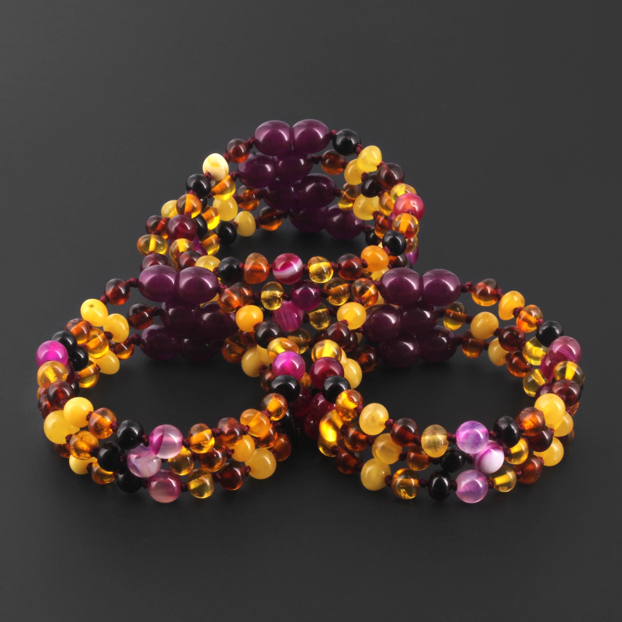 BALTIC AMBER BABY TEETHING BRACELETS WITH PINK LACE AGATE LOT OF 10pcs. LE458