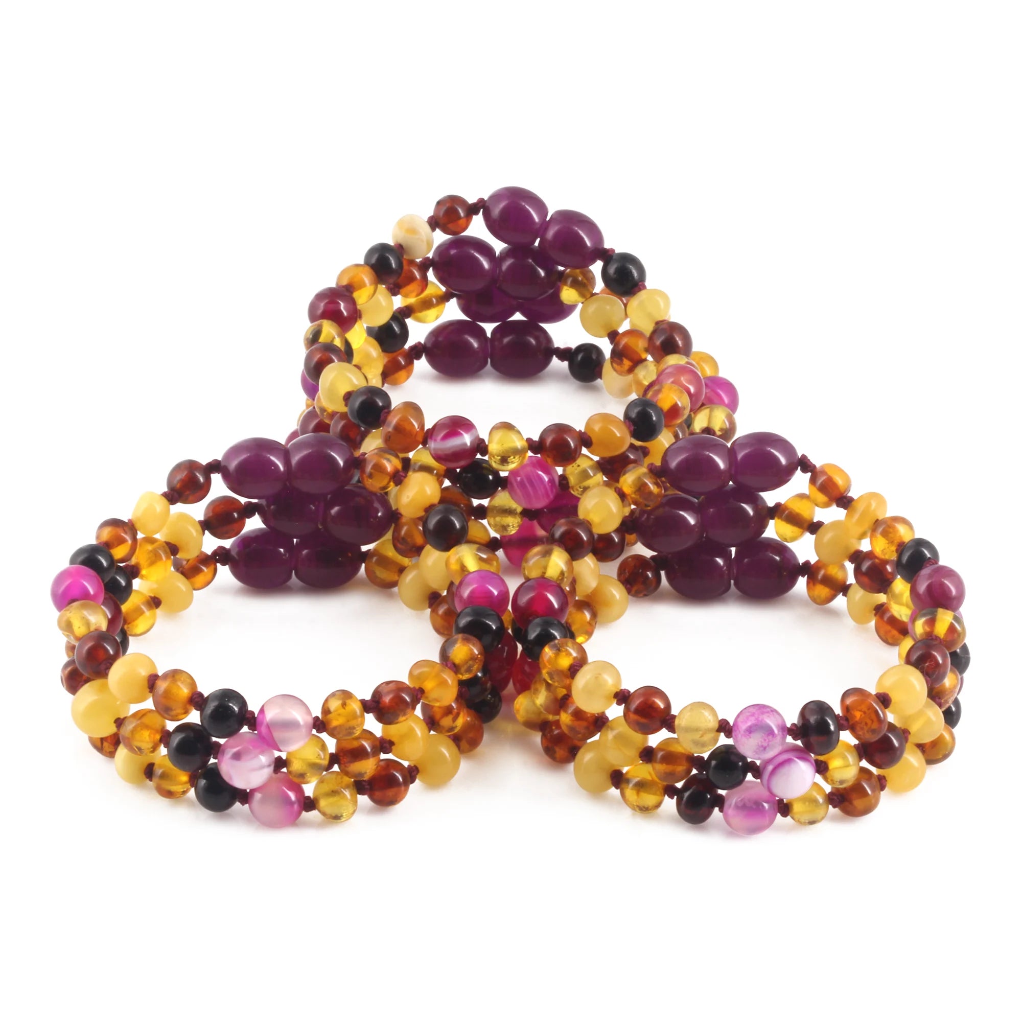 BALTIC AMBER BABY TEETHING BRACELETS WITH PINK LACE AGATE LOT OF 10pcs. LE458