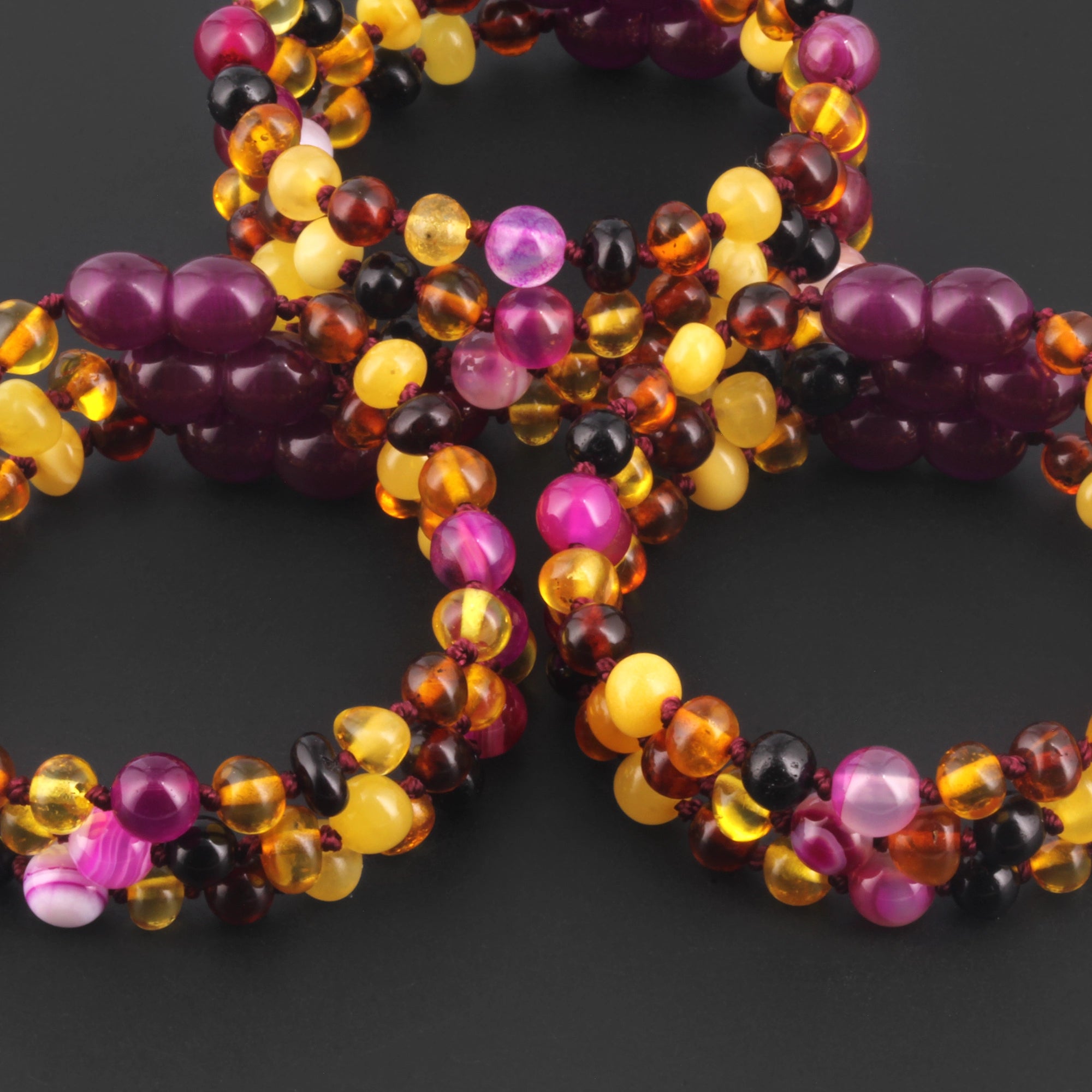 Baltic Amber & Pink Agate Baby Teething Bracelet Baroque Multicolor Glossy Finish - Wholesale Lot of 10pcs - 14cm / 5.5in - LE458