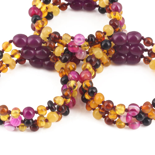 Baltic Amber & Pink Agate Baby Teething Bracelet Baroque Multicolor Glossy Finish - Wholesale Lot of 10pcs - 14cm / 5.5in - LE458