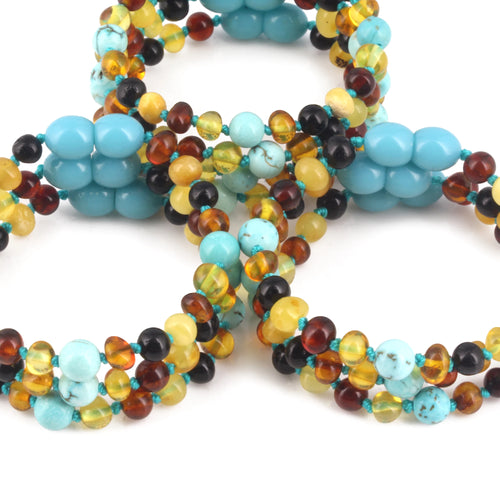 Baltic Amber & Turquoise Baby Teething Bracelet Baroque Multicolor Glossy Finish - Wholesale Lot of 10pcs - 14cm / 5.5in - LE465