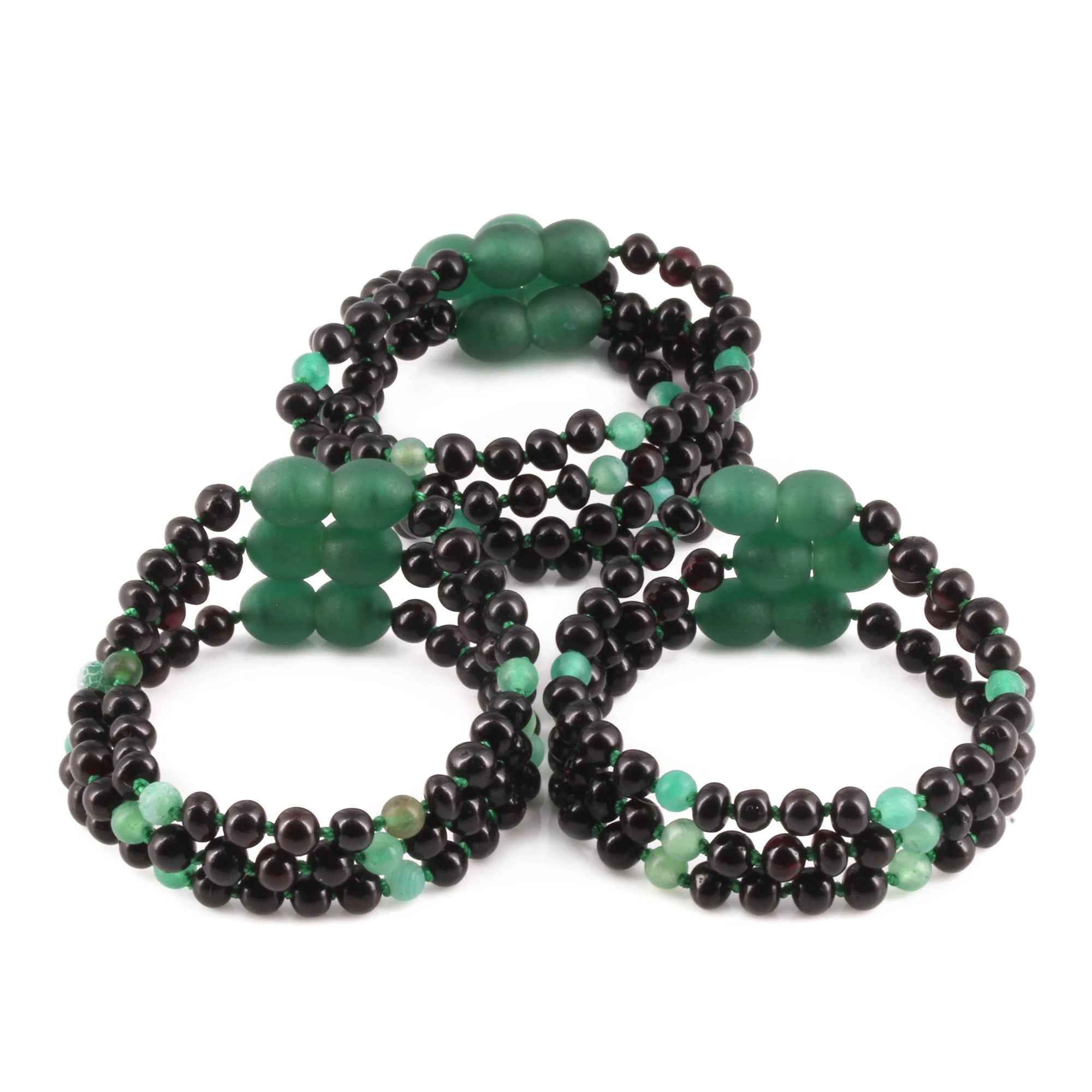 Baltic Amber Green Agate Baby Teething Bracelet Baroque Black Glossy Finish - Wholesale Lot of 10pcs - 14cm / 5.5in - LE550-S