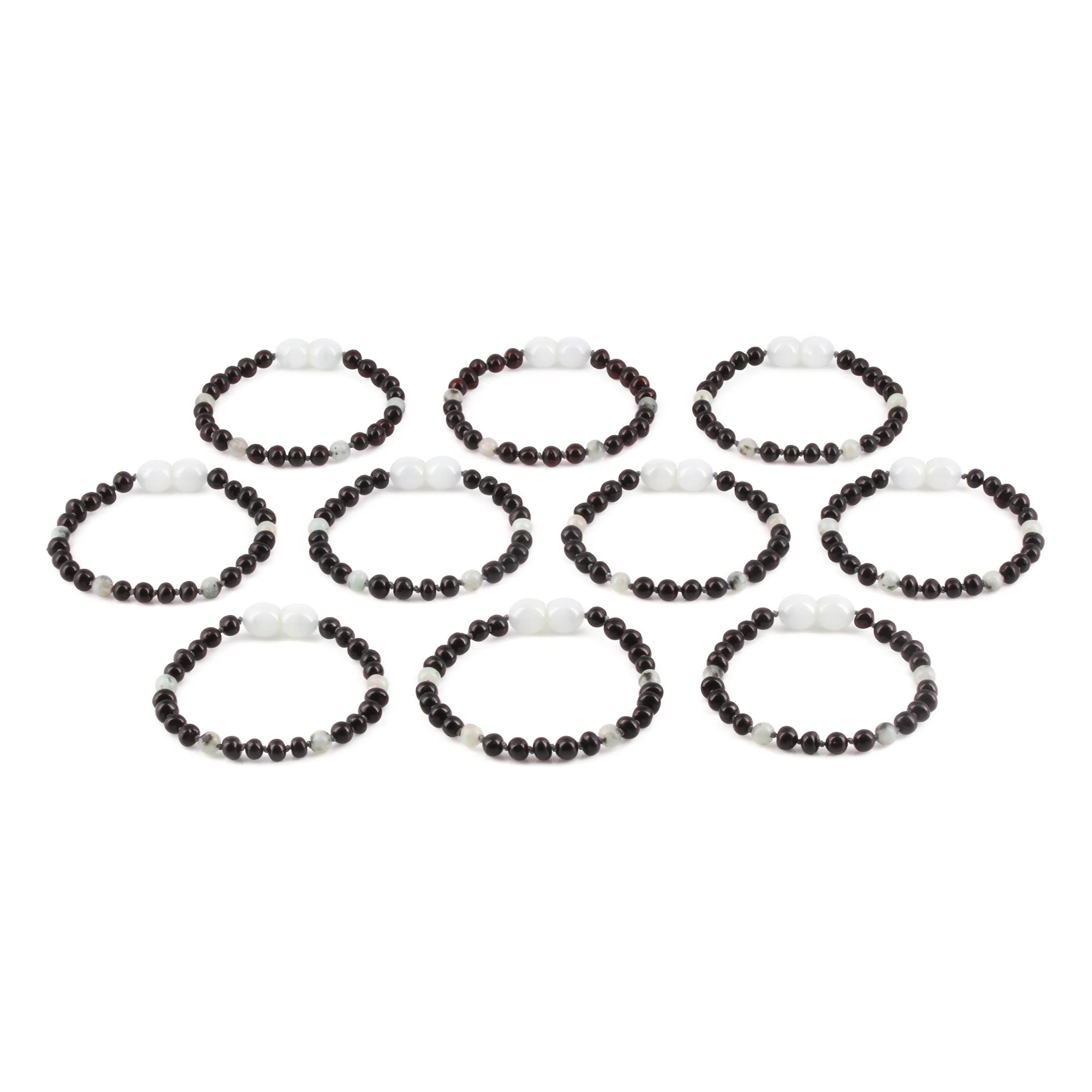 Baltic Amber & Kiwi Jasper Baby Teething Bracelet Baroque Black Glossy Finish - Wholesale Lot of 10pcs - 14cm / 5.5in - LE551-S