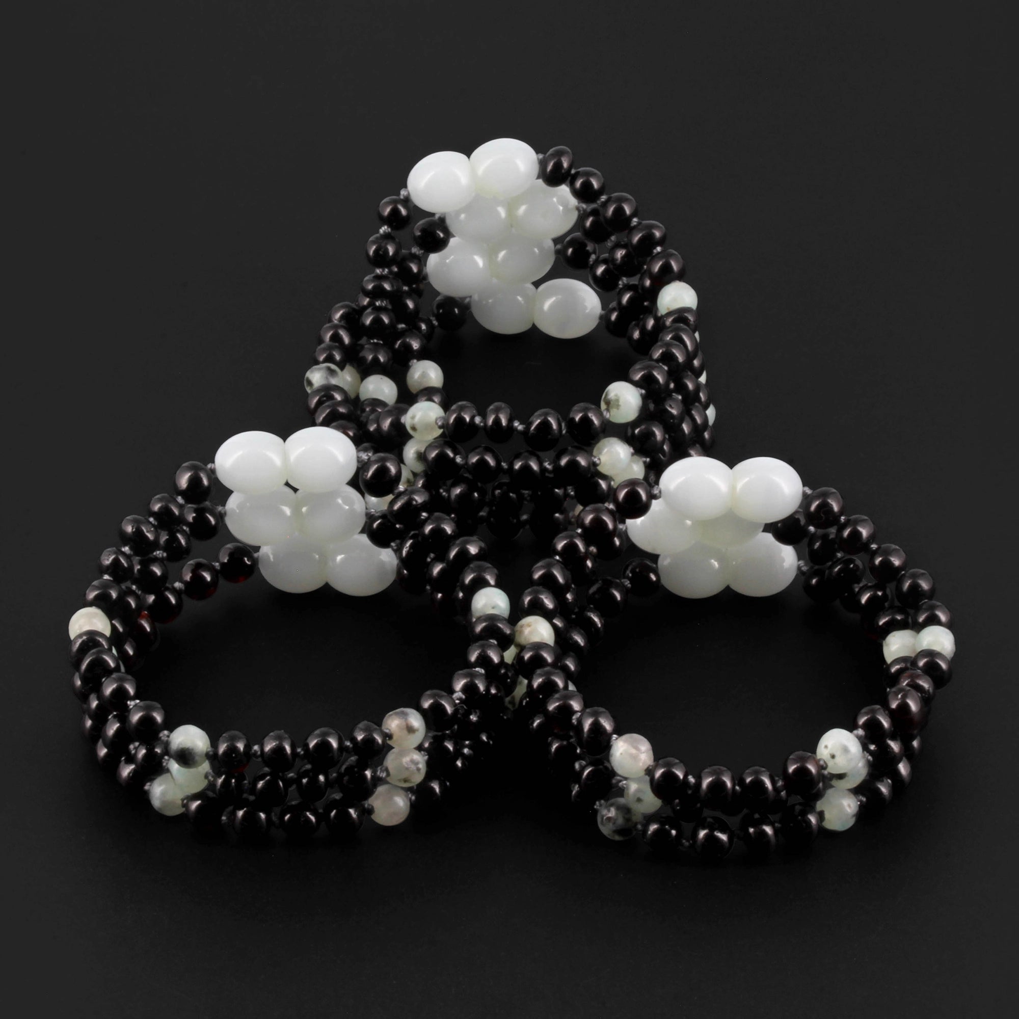Baltic Amber & Kiwi Jasper Baby Teething Bracelet Baroque Black Glossy Finish - Wholesale Lot of 10pcs - 14cm / 5.5in - LE551-S