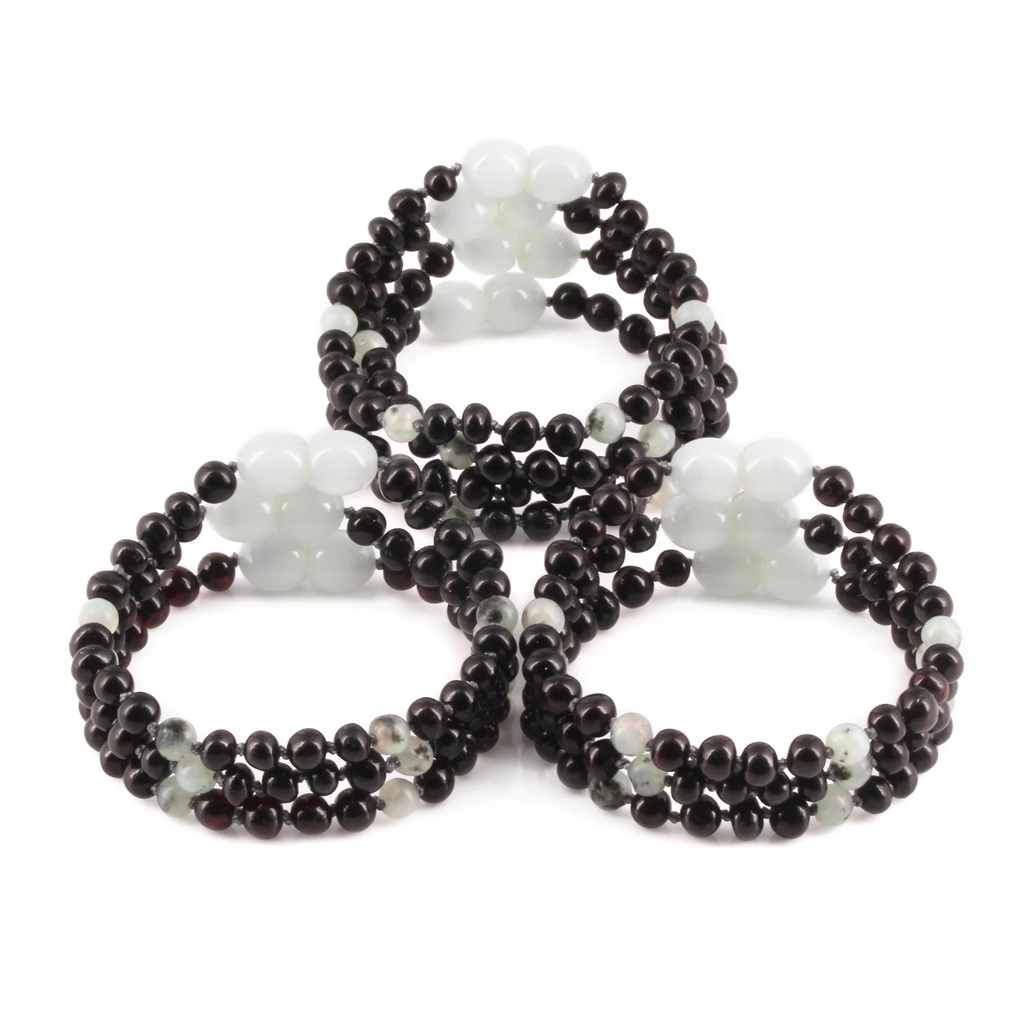 Baltic Amber & Kiwi Jasper Baby Teething Bracelet Baroque Black Glossy Finish - Wholesale Lot of 10pcs - 14cm / 5.5in - LE551-S