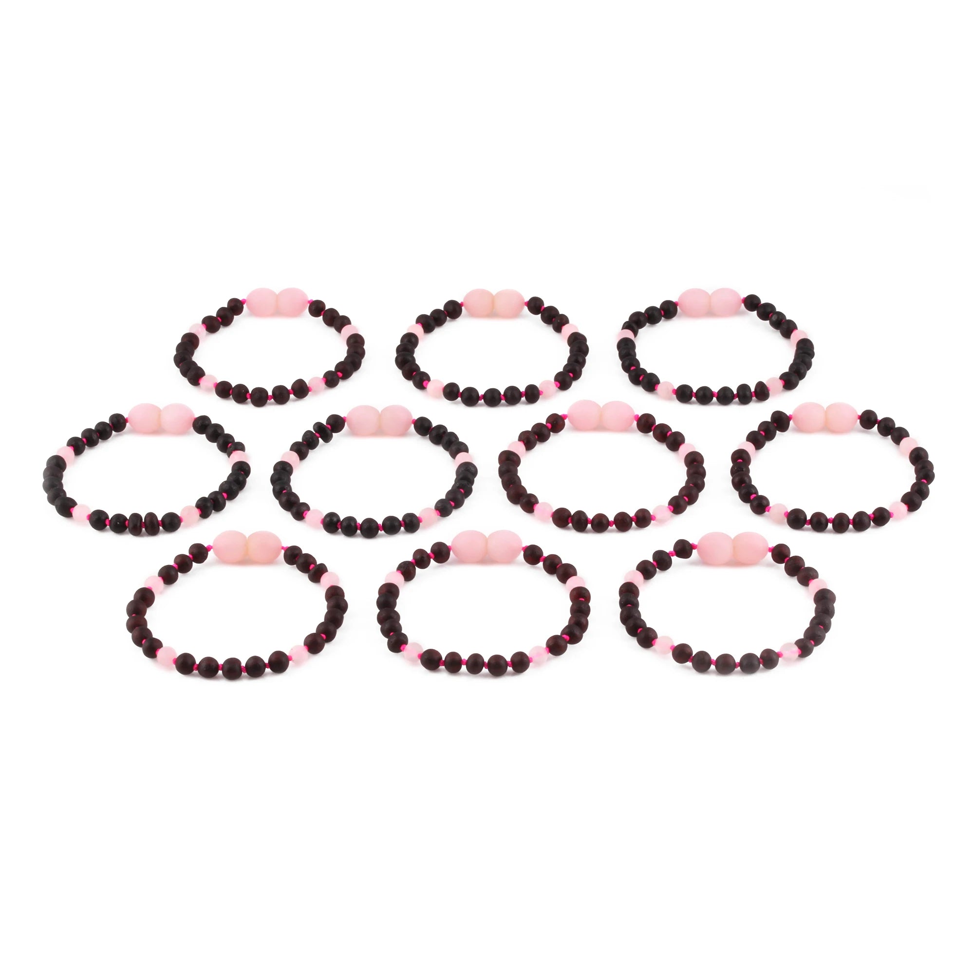 Baltic Amber & Rose Quartz Baby Teething Bracelet Baroque Black Matte Finish - Wholesale Lot of 10pcs - 14cm / 5.5in - LE549-S