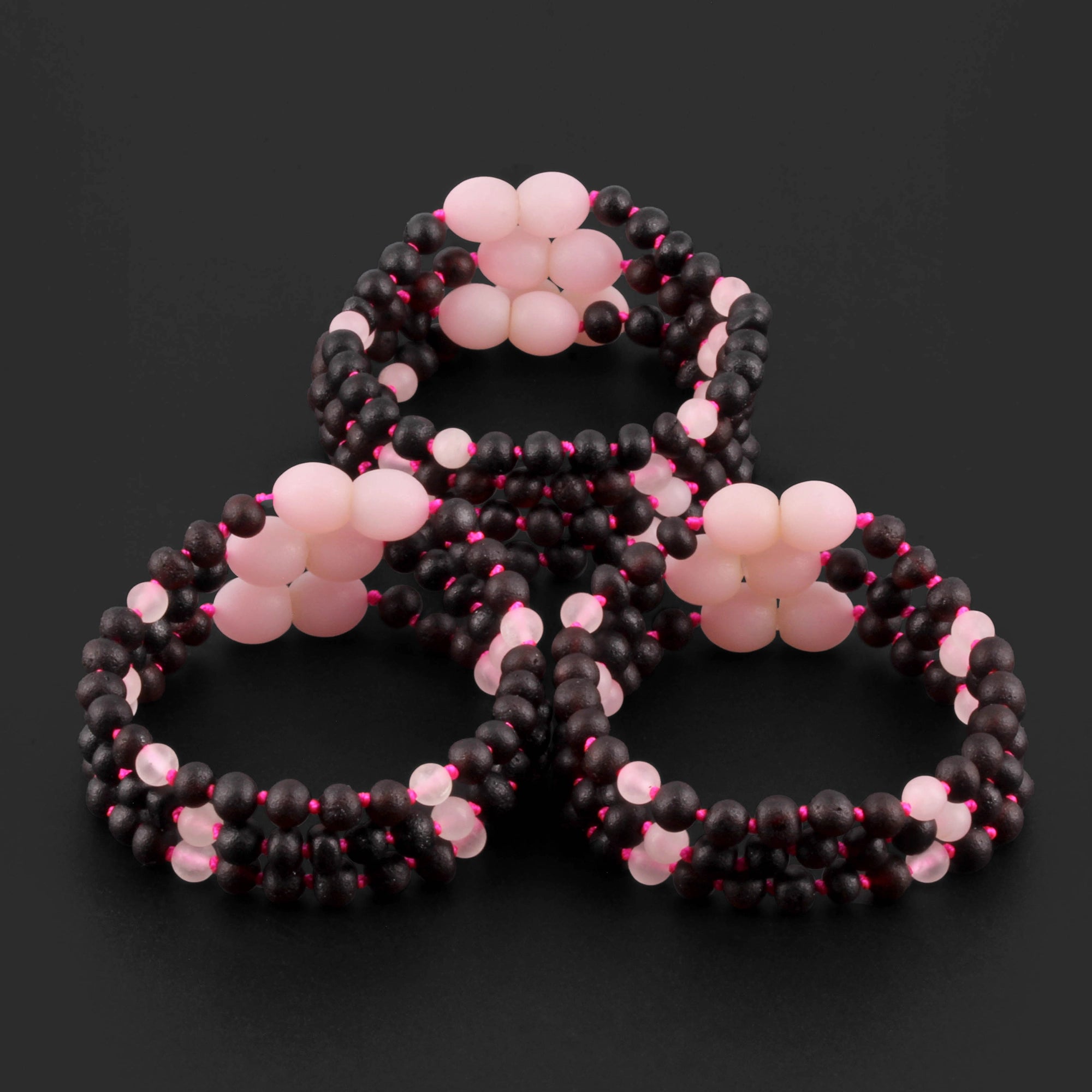 Baltic Amber & Rose Quartz Baby Teething Bracelet Baroque Black Matte Finish - Wholesale Lot of 10pcs - 14cm / 5.5in - LE549-S