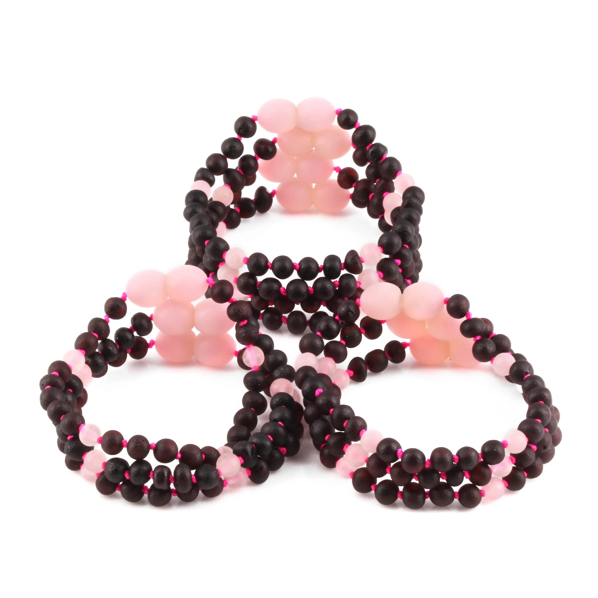 Baltic Amber & Rose Quartz Baby Teething Bracelet Baroque Black Matte Finish - Wholesale Lot of 10pcs - 14cm / 5.5in - LE549-S