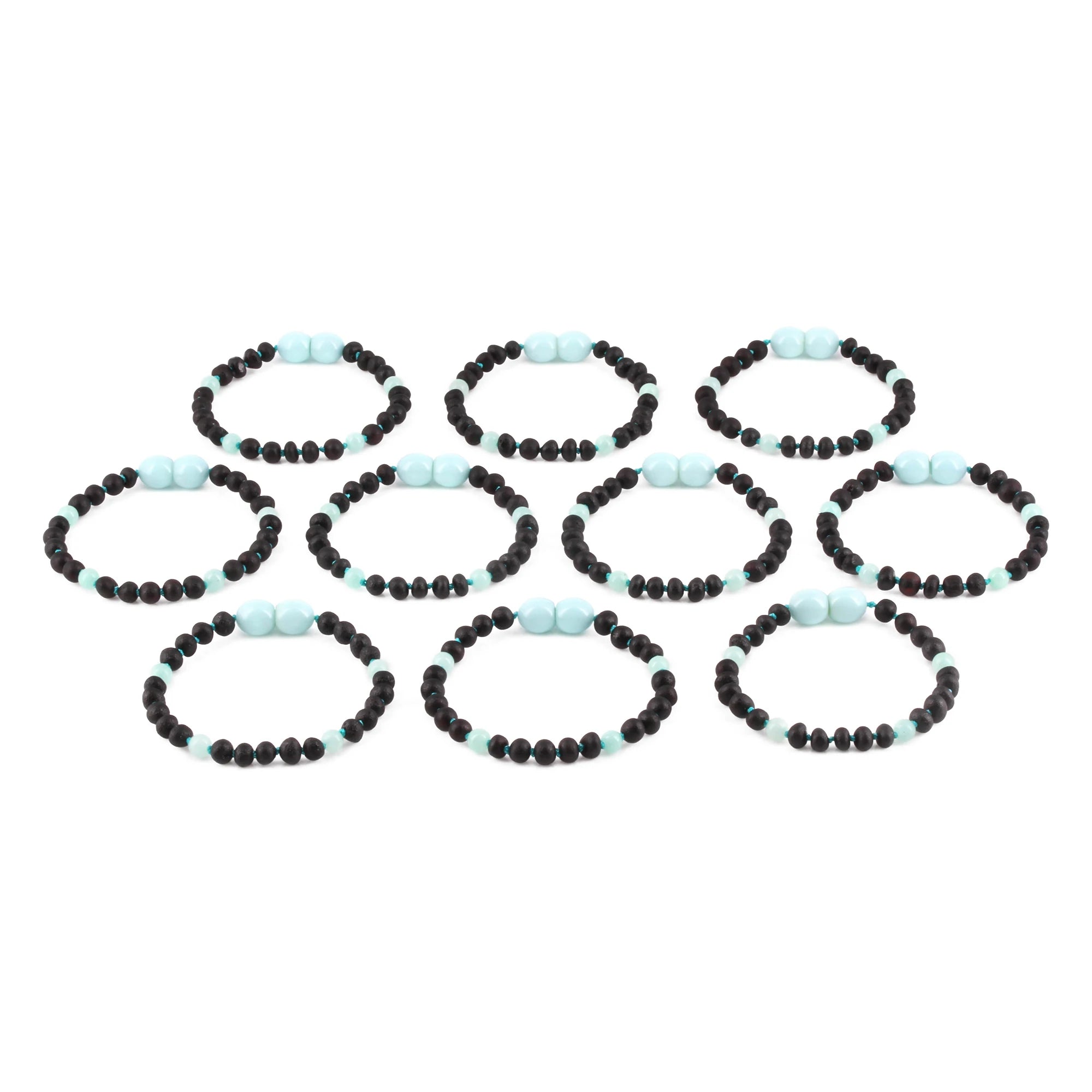 Baltic Amber & Sky Blue Jade Baby Teething Bracelet Baroque Black Matte Finish - Wholesale Lot of 10pcs - 14cm / 5.5in - LE547-S