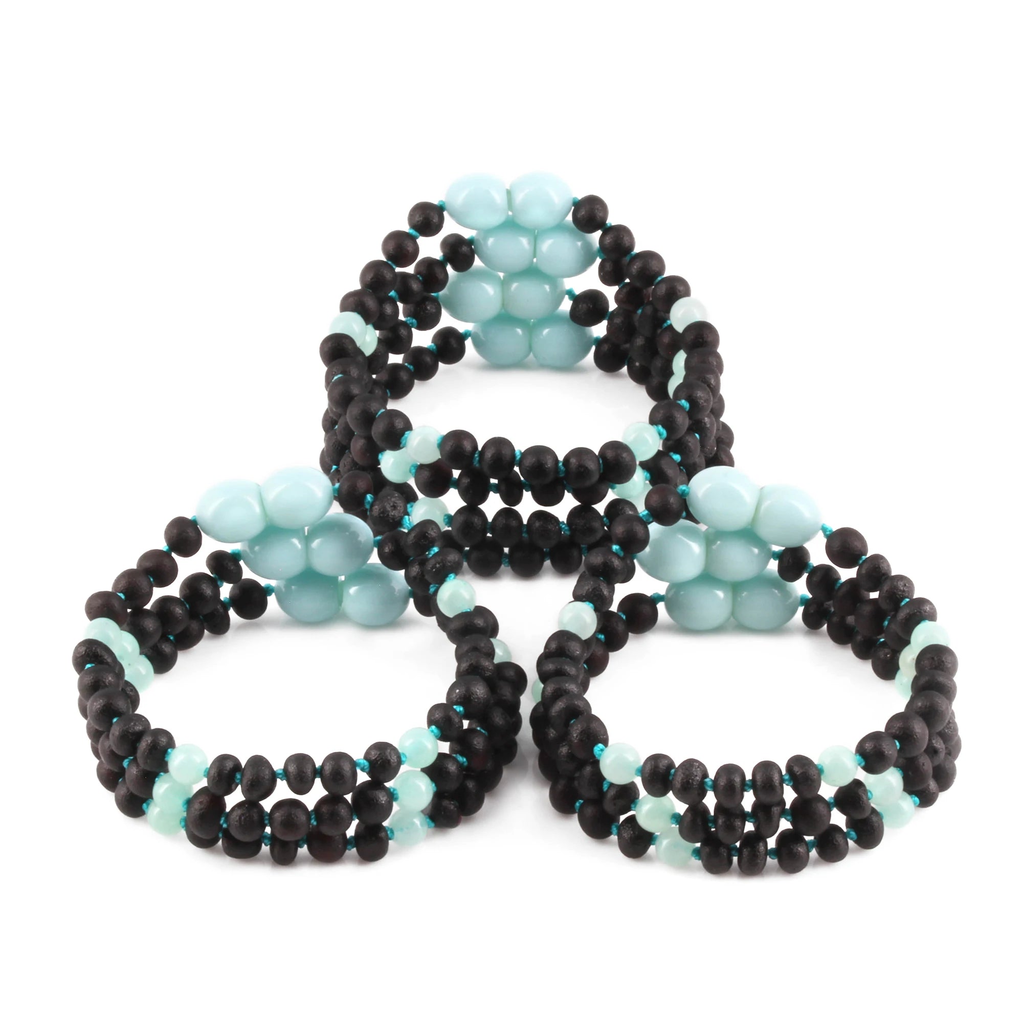 Baltic Amber & Sky Blue Jade Baby Teething Bracelet Baroque Black Matte Finish - Wholesale Lot of 10pcs - 14cm / 5.5in - LE547-S