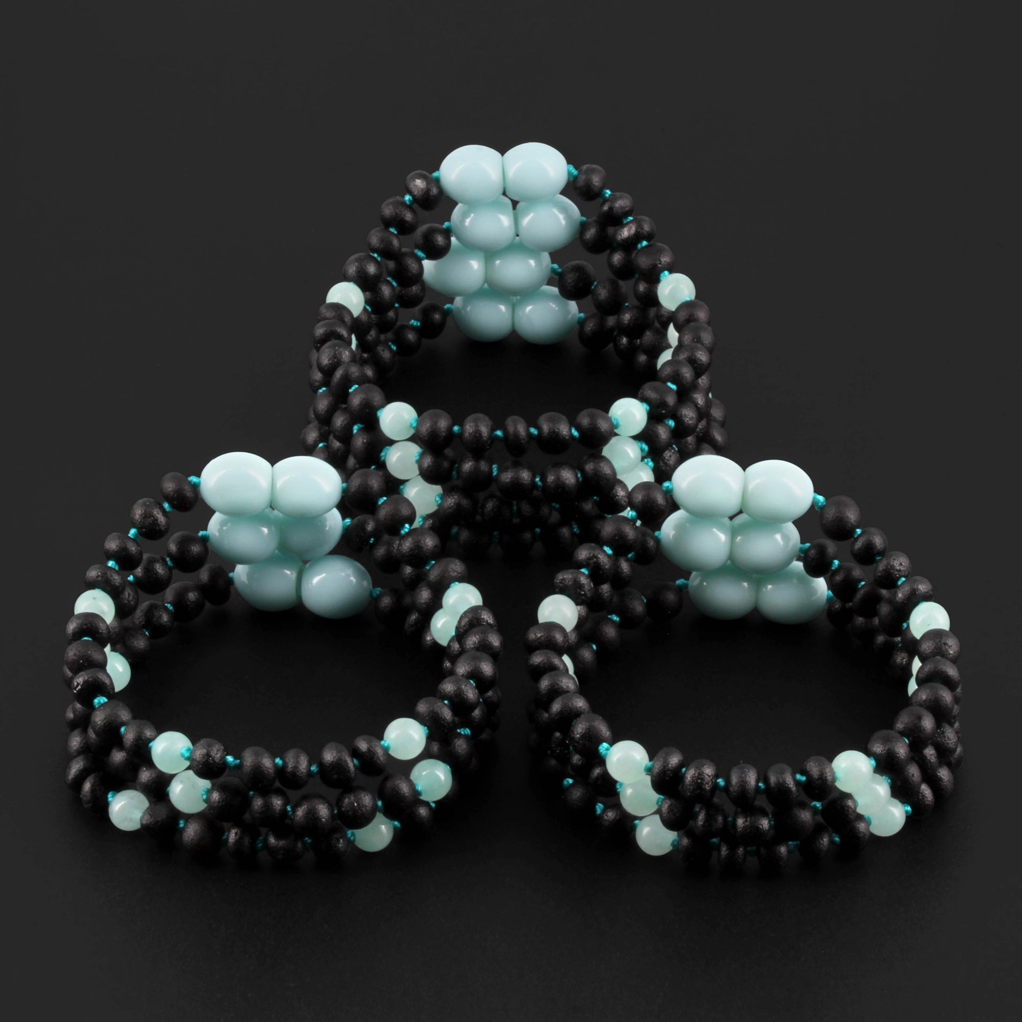 Baltic Amber & Sky Blue Jade Baby Teething Bracelet Baroque Black Matte Finish - Wholesale Lot of 10pcs - 14cm / 5.5in - LE547-S