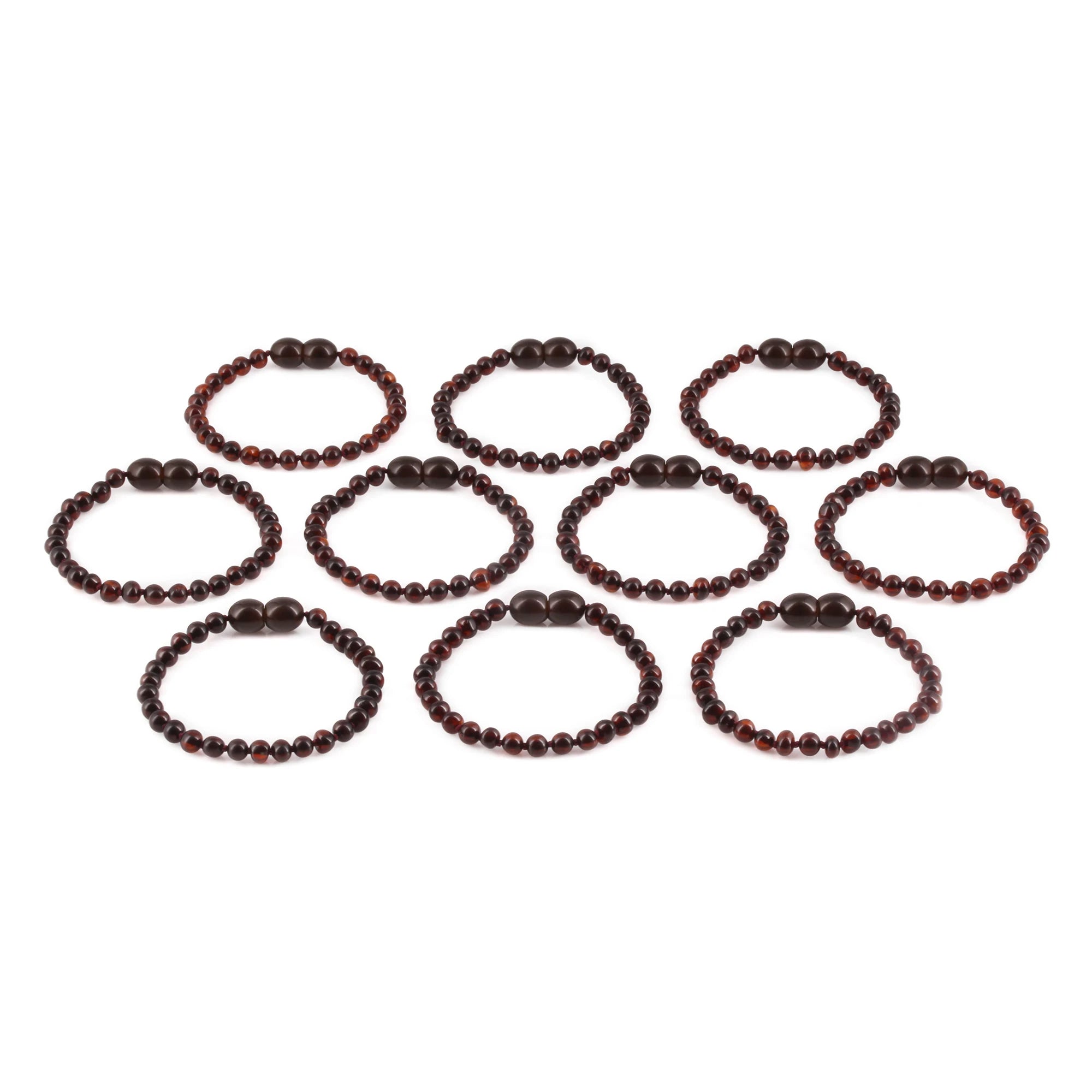 Baltic Amber Baby Teething Bracelet Baroque Dark Cognac Glossy Finish - Wholesale Lot of 10pcs - 14cm / 5.5in -  XB43DC