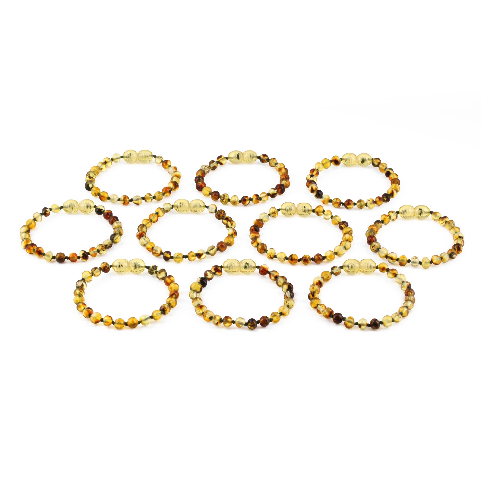 Baltic Amber Baby Teething Bracelet Baroque Green Glossy Finish - Wholesale Lot of 10pcs - 14cm / 5.5in - XB54G