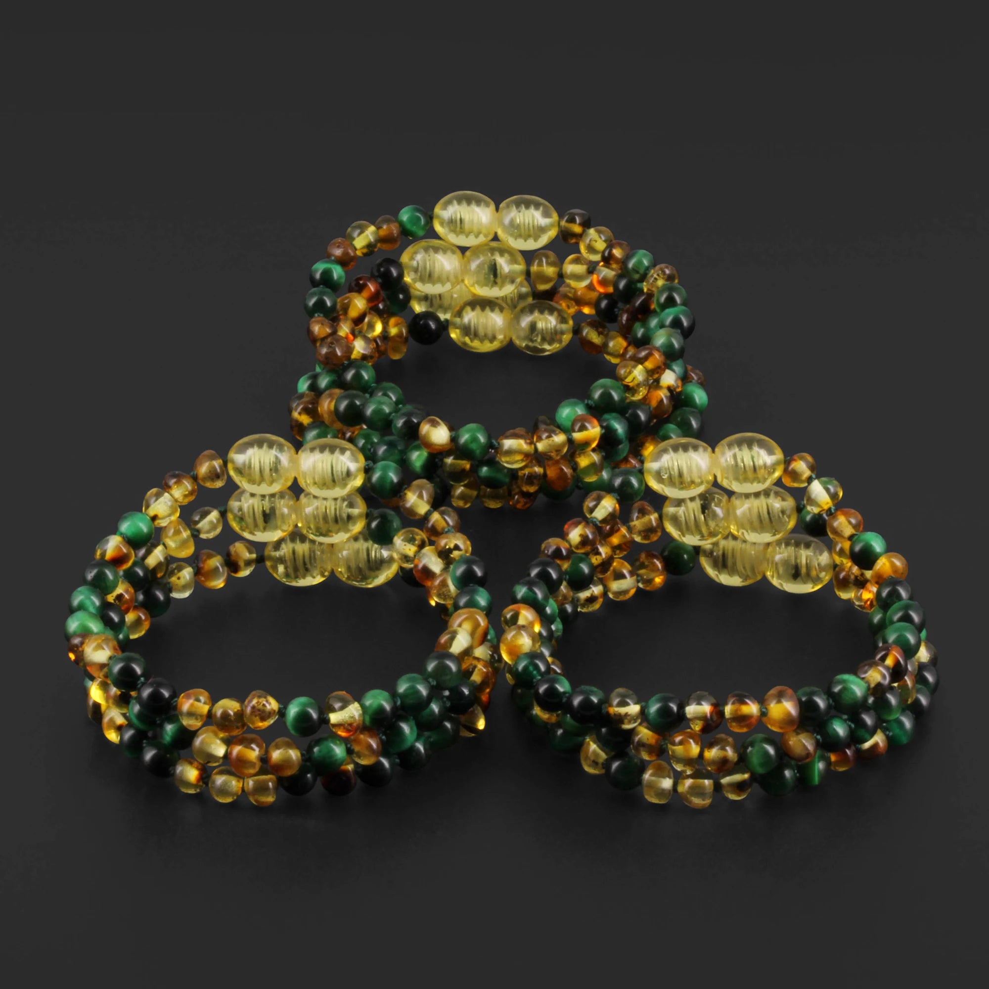 Baltic Amber & Green Tiger Baby Teething Bracelet Baroque Multicolor Glossy Finish - Wholesale Lot of 10pcs - 14cm / 5.5in - LE457 V2