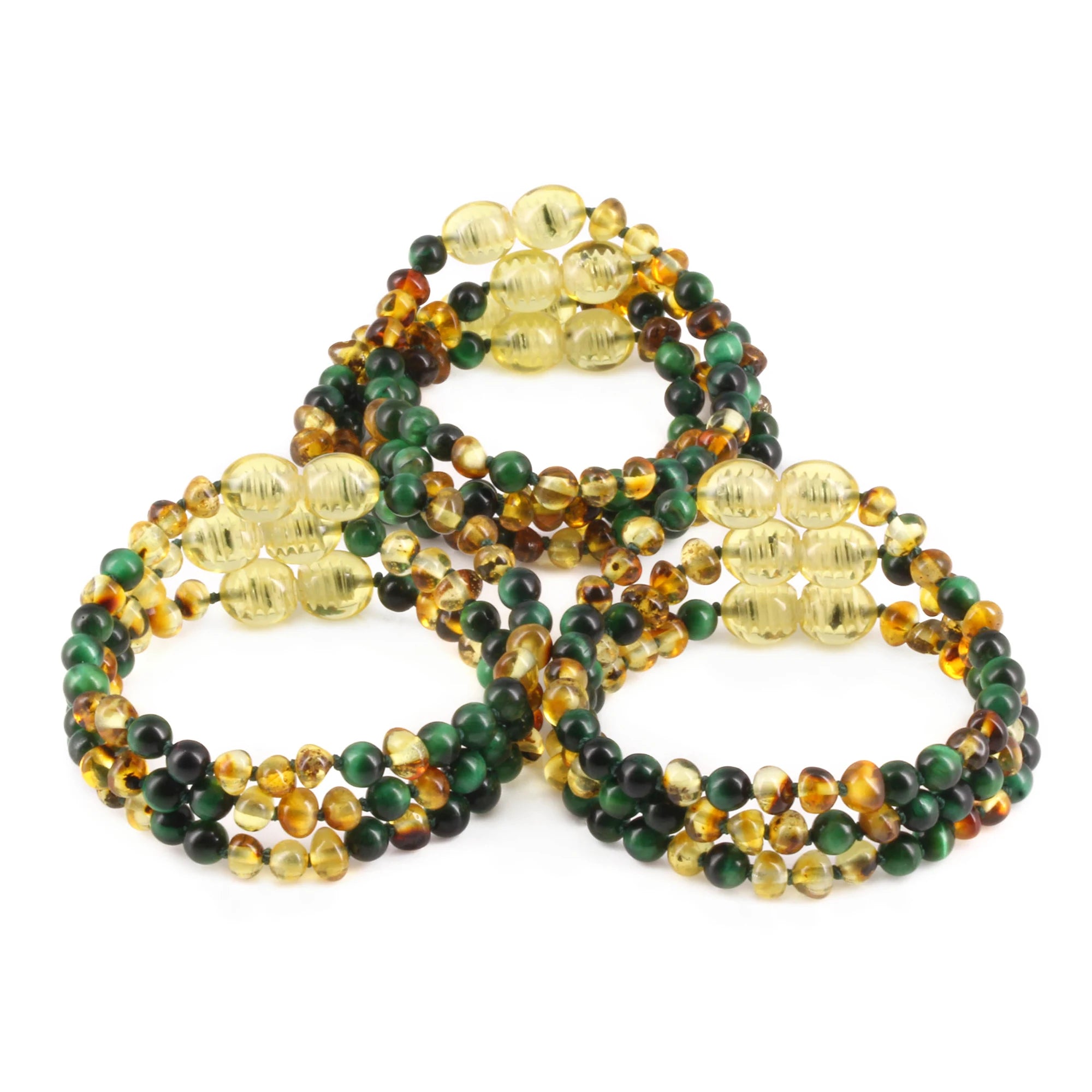 Baltic Amber & Green Tiger Baby Teething Bracelet Baroque Multicolor Glossy Finish - Wholesale Lot of 10pcs - 14cm / 5.5in - LE457 V2
